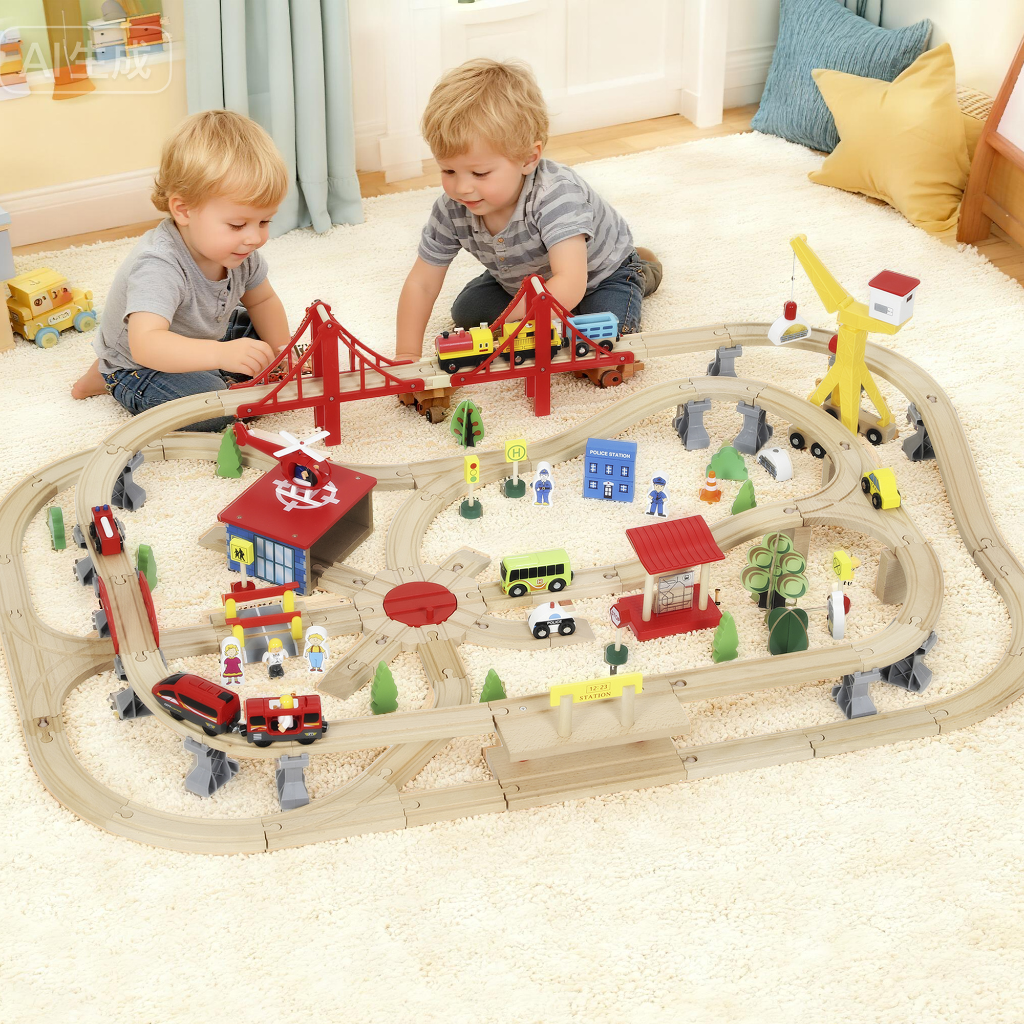 133-Piece Wooden Train Set, Toy With Crane, Storage Box, For Kids Ages3 — image 3