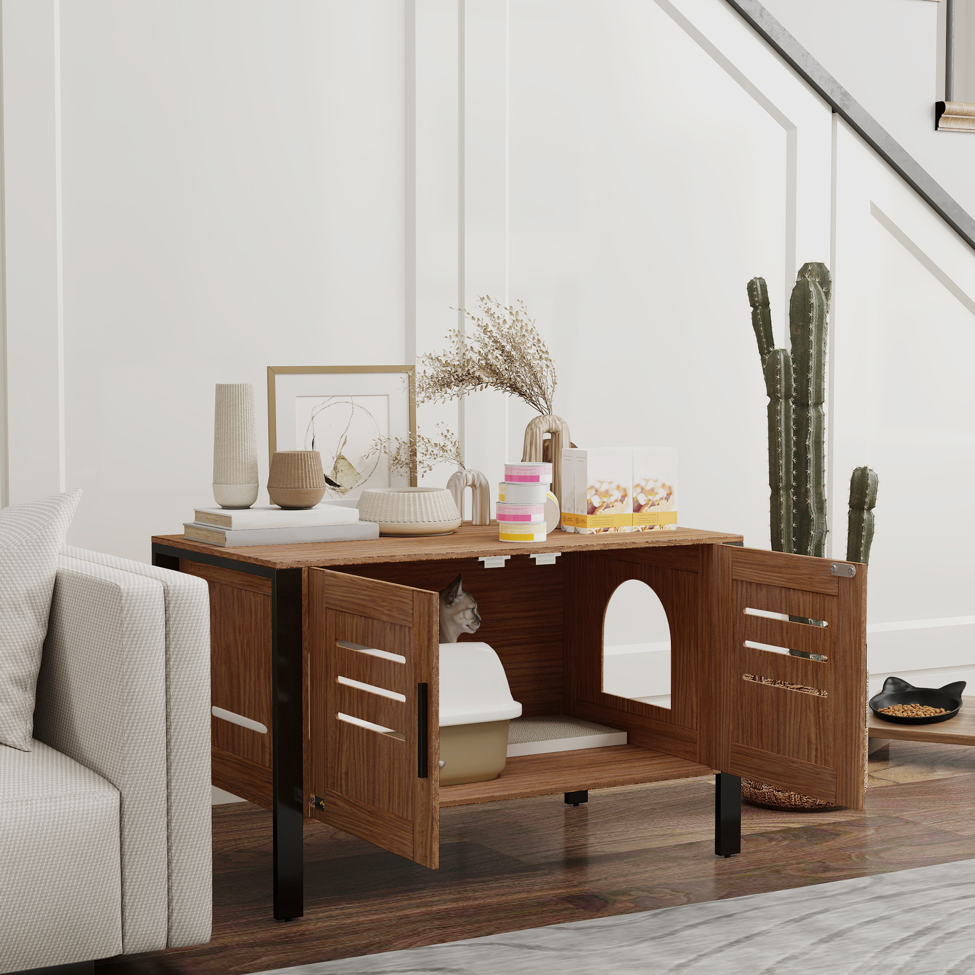  Cat Litter Box Enclosure with Tall Legs, Scratching Board, Dark Brown, 31.5"L x 17.7"W x 19.7"H