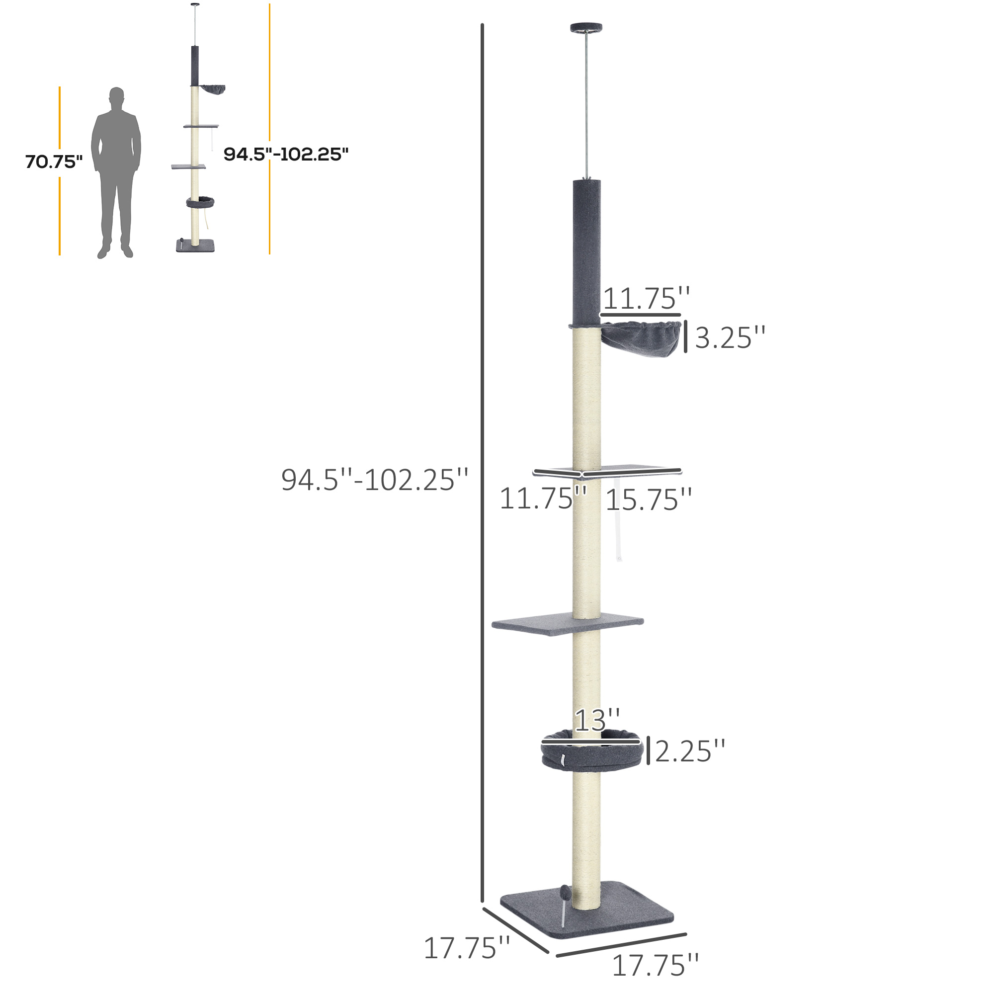  Floor To Ceiling Cat Tree, 5-Tier Cat Climbing Tower, 95''-106'' Height Adjustable with Carpeted Platforms, Cozy Bed, Hammock, Scratching Post & Toy Ball for Indoor Cats, Dark Gray and Cream