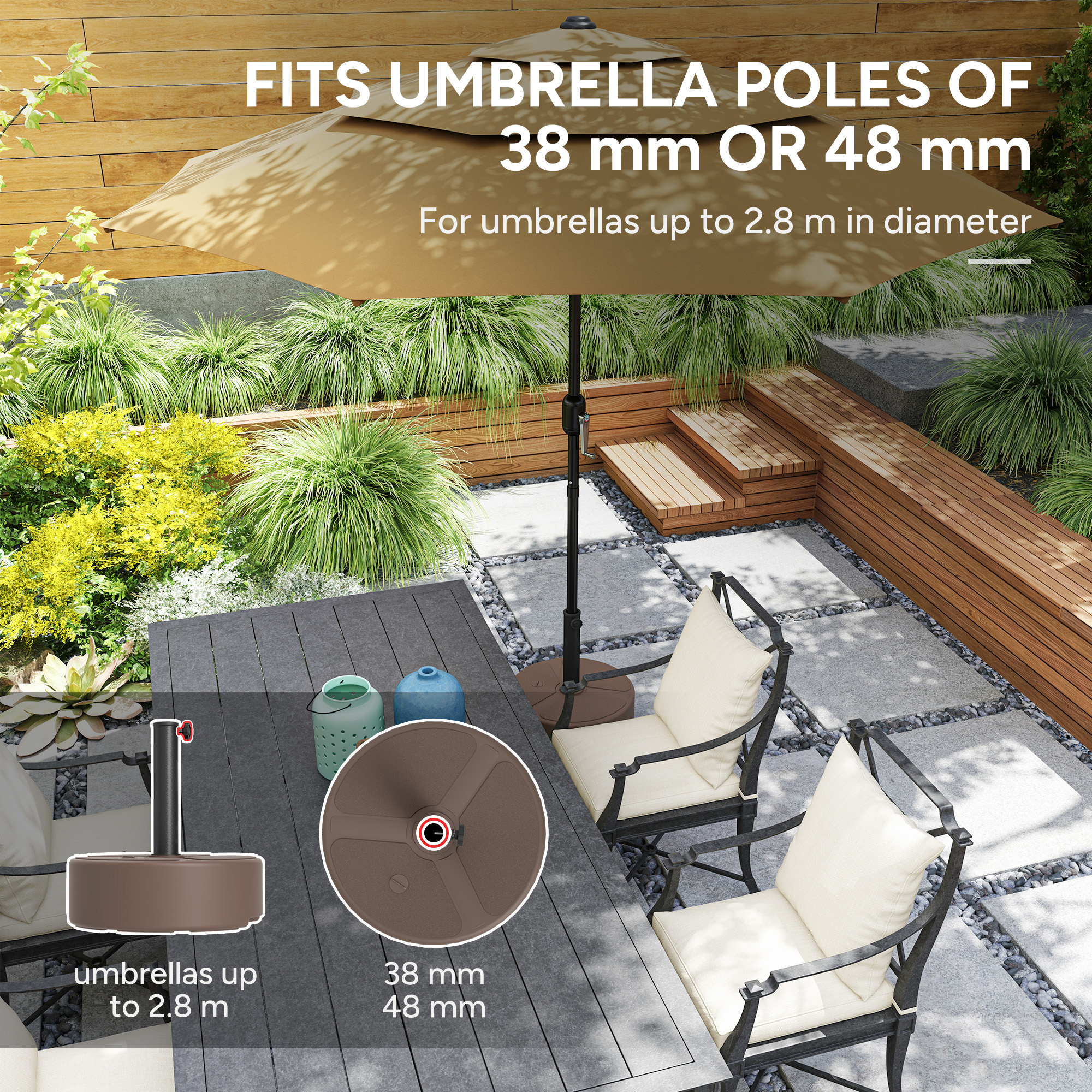 Round Patio Umbrella Base Holder, Heavy Duty Outdoor Umbrella Stand Base, Filled Up to 44lbs with Stand or 40lbs with Water for Garden, Poolside, Brown