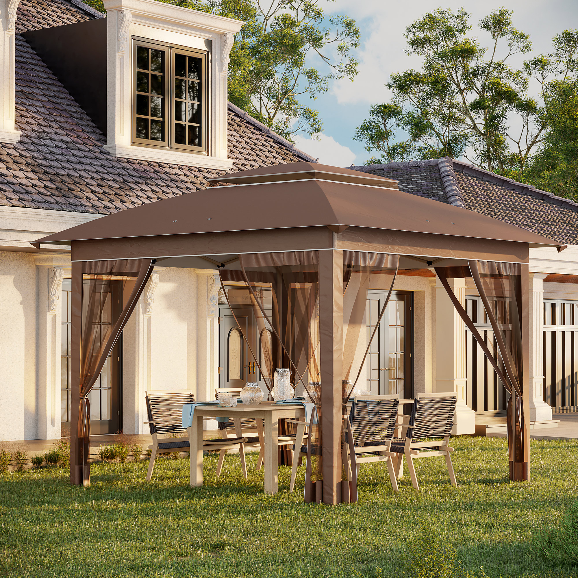 12 x 12 Pop Up Canopy Tent with Netting and Carry Bag, Instant Sun Shelter with 137 sq.ft Shade, Tents for Parties, Height Adjustable, for Outdoor, Garden, Patio, Khaki