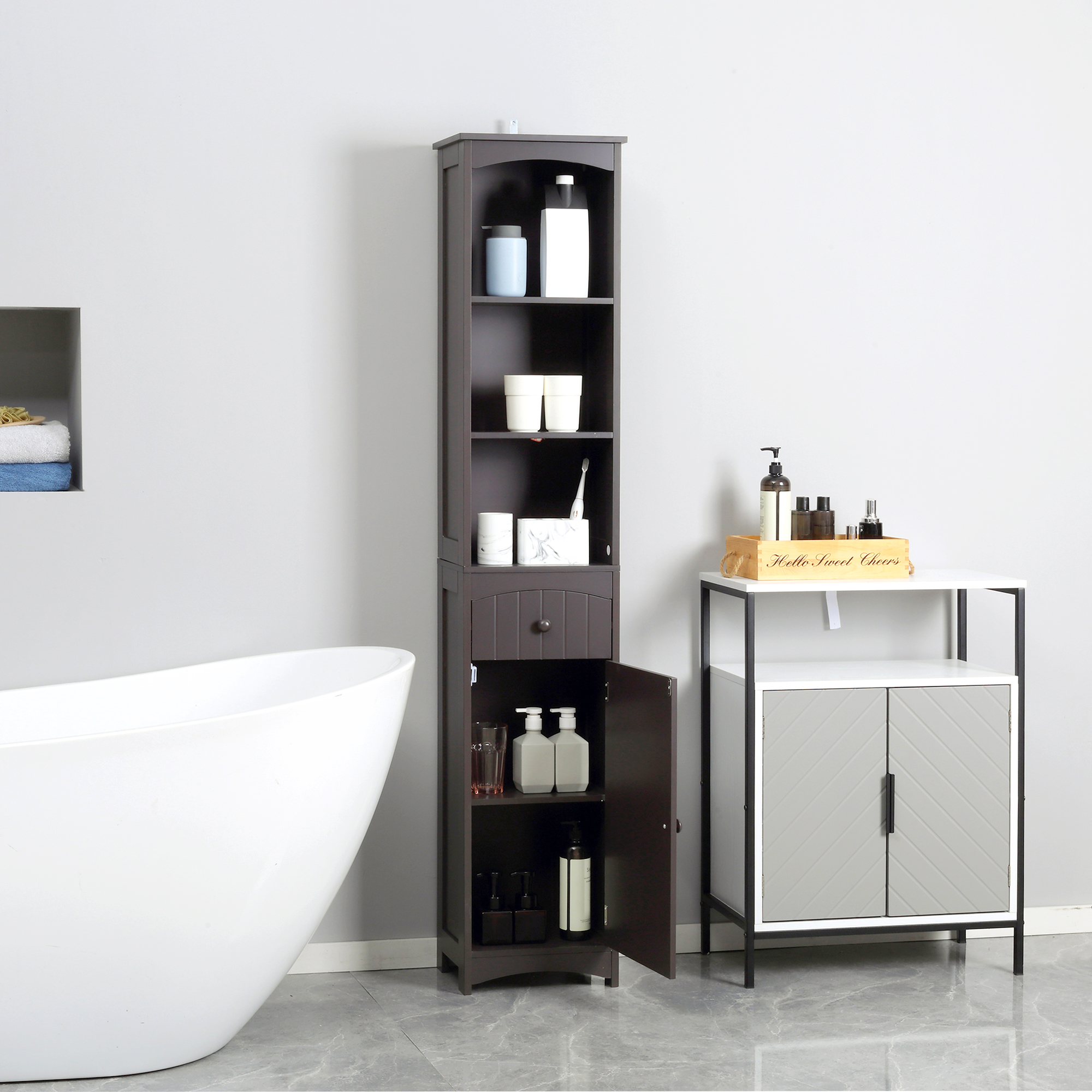  Bathroom Storage Cabinet, Free Standing Bathroom Storage Unit, Tall Linen Tower with 3-Tier Shelves and Drawer, Brown