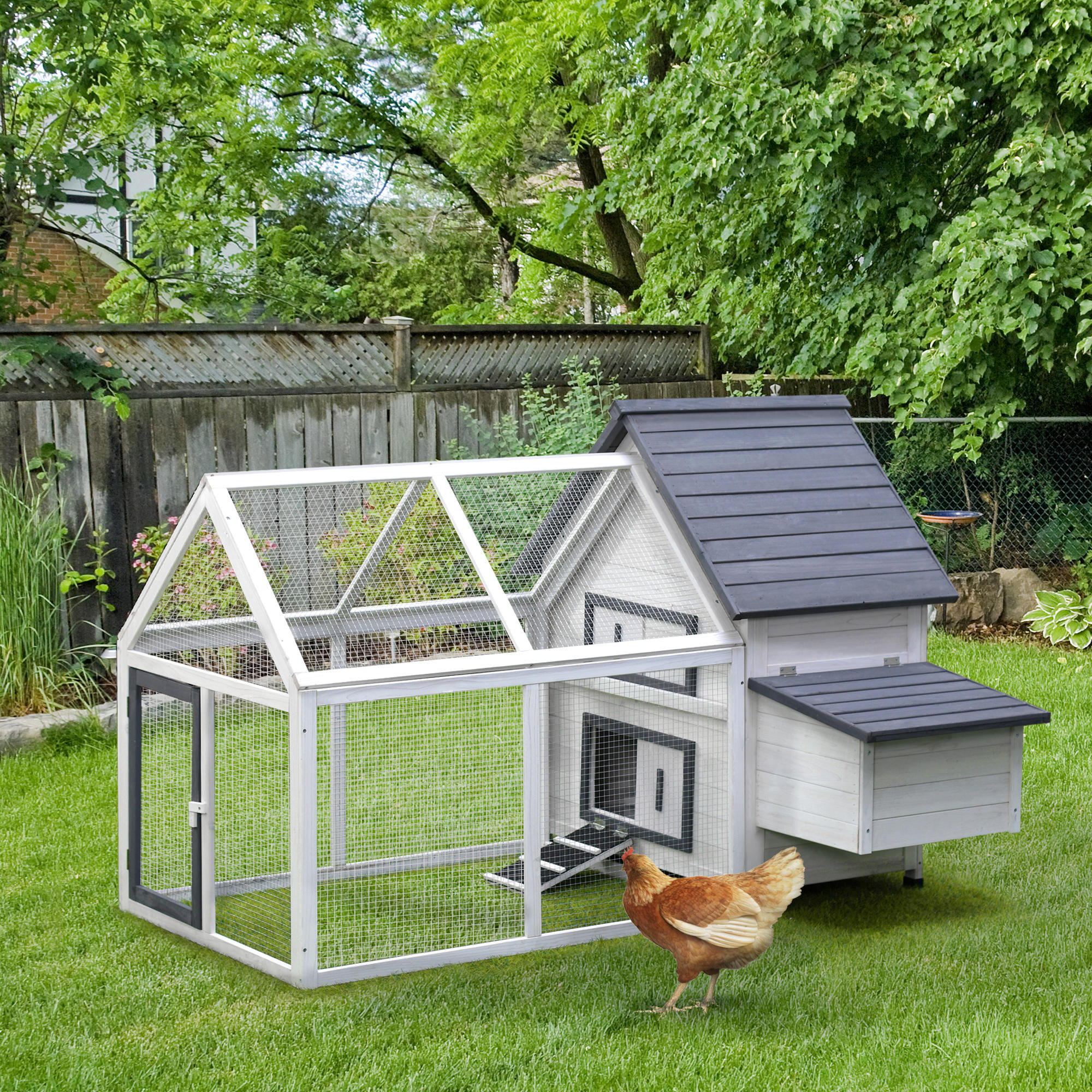  65" Chicken Coop Wooden Chicken House Rabbit Hutch Poultry Cage Hen Pen Backyard with Nesting Box, Ramp, Run