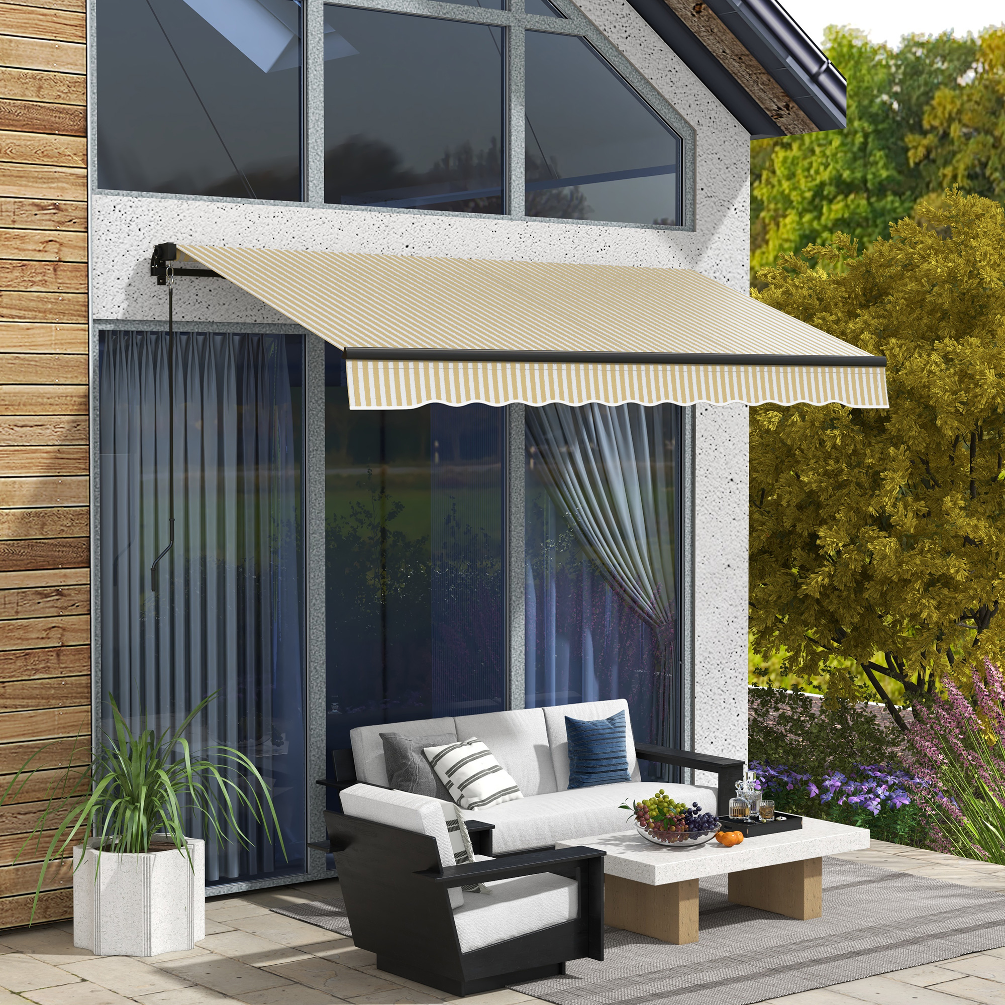 12 x 10 Retractable Awning, 280gsm UV Resistant Sunshade Shelter for Deck, Balcony, Yard, Beige and White