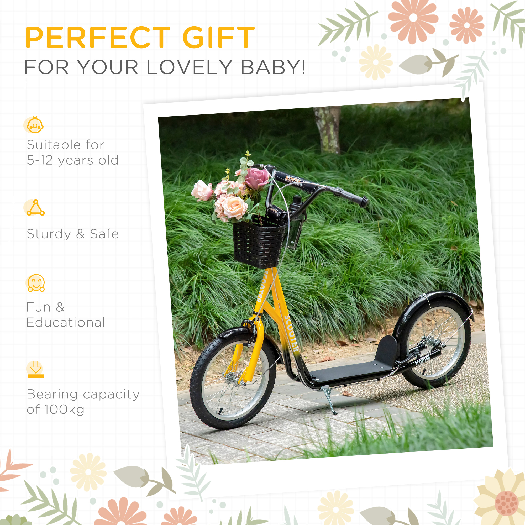 Kids Scooter, Kick Stunt With Adjustable Handlebar, Dual Brakes, Basket — image 2