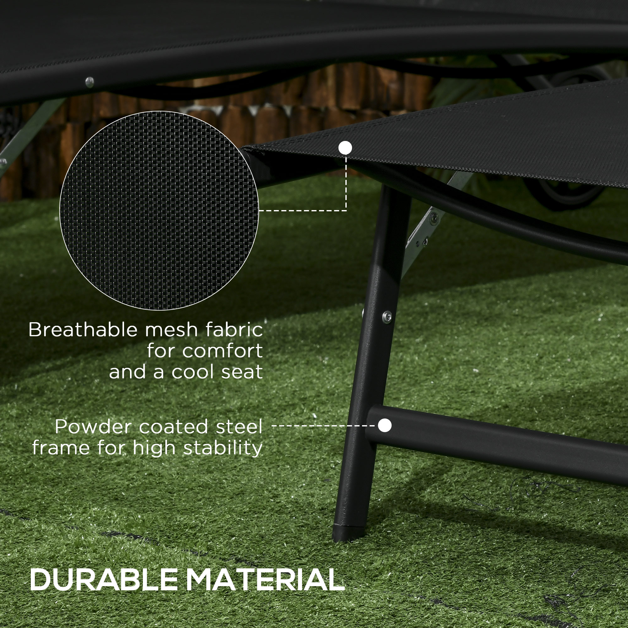Chaise Lounge Outdoor, 2 Piece Lounge Chair with Wheels, Tanning Chair with 5 Adjustable Positions for Patio, Beach, Yard, Pool, Black