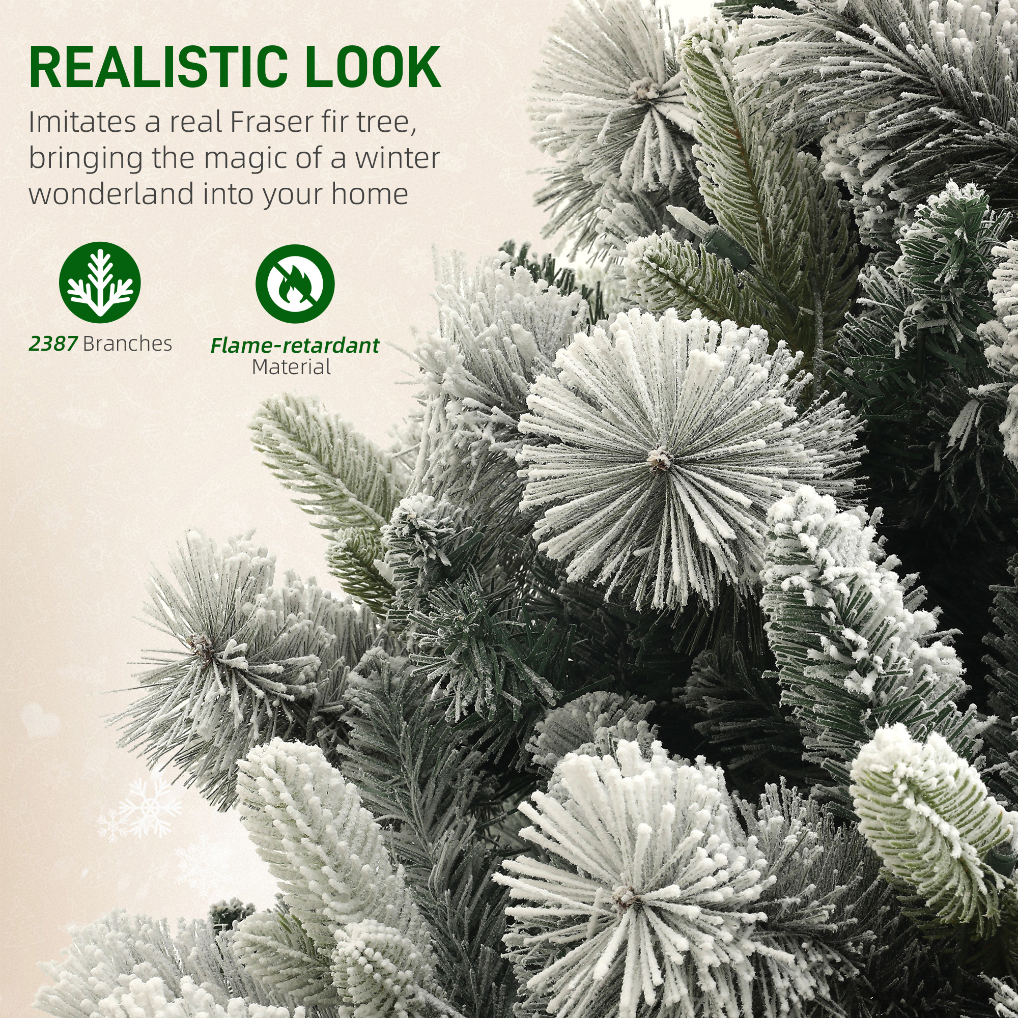  9 ft Prelit Flocked Artificial Christmas Tree with 750 Clear Lights, 2387 Tips, Metal Stand for Home Office Holiday
