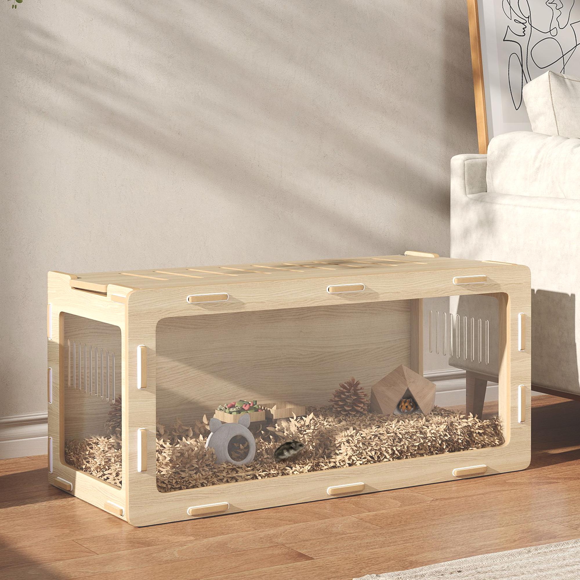  Hamster Cage with Easy View Acrylic Panels, Air Vents & Openable Roof, for Gerbil, Guinea Pig, 39" x 20" x 18.5", Oak
