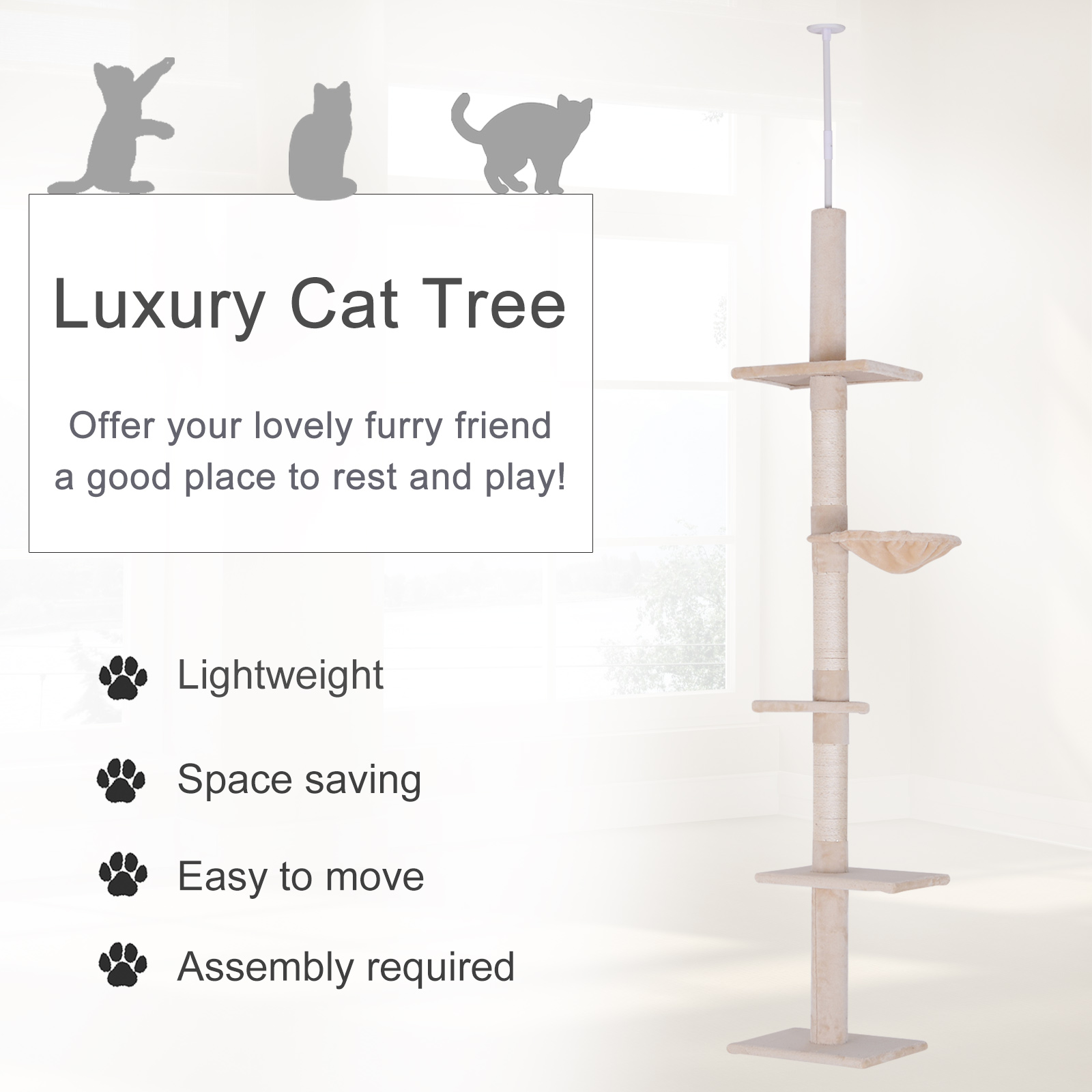  102" Adjustable Height Floor to Ceiling Cat Tree, 5 Level Cat Tower with Scratching Posts, Hammock, Beige