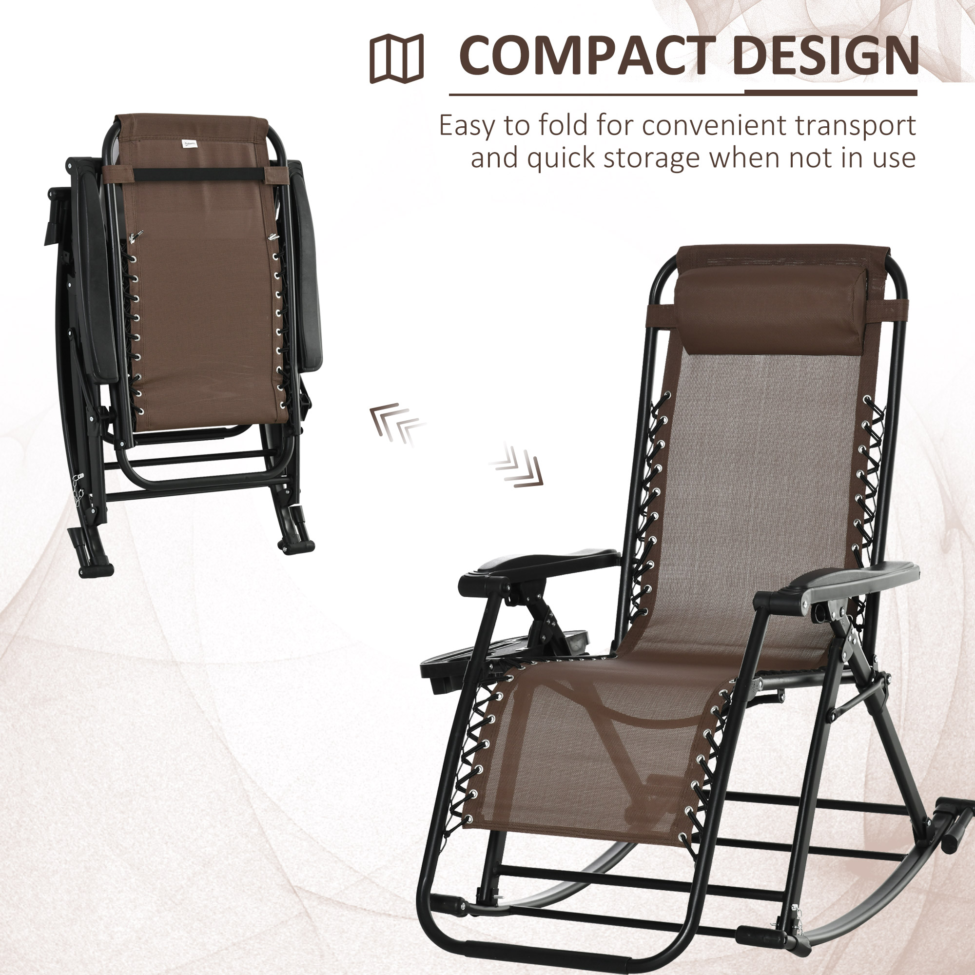  Outdoor Rocking Chairs, Foldable Reclining Zero Gravity Lounge Rocker with Pillow, Cup & Phone Holder, Combo Design with Folding Legs, Brown