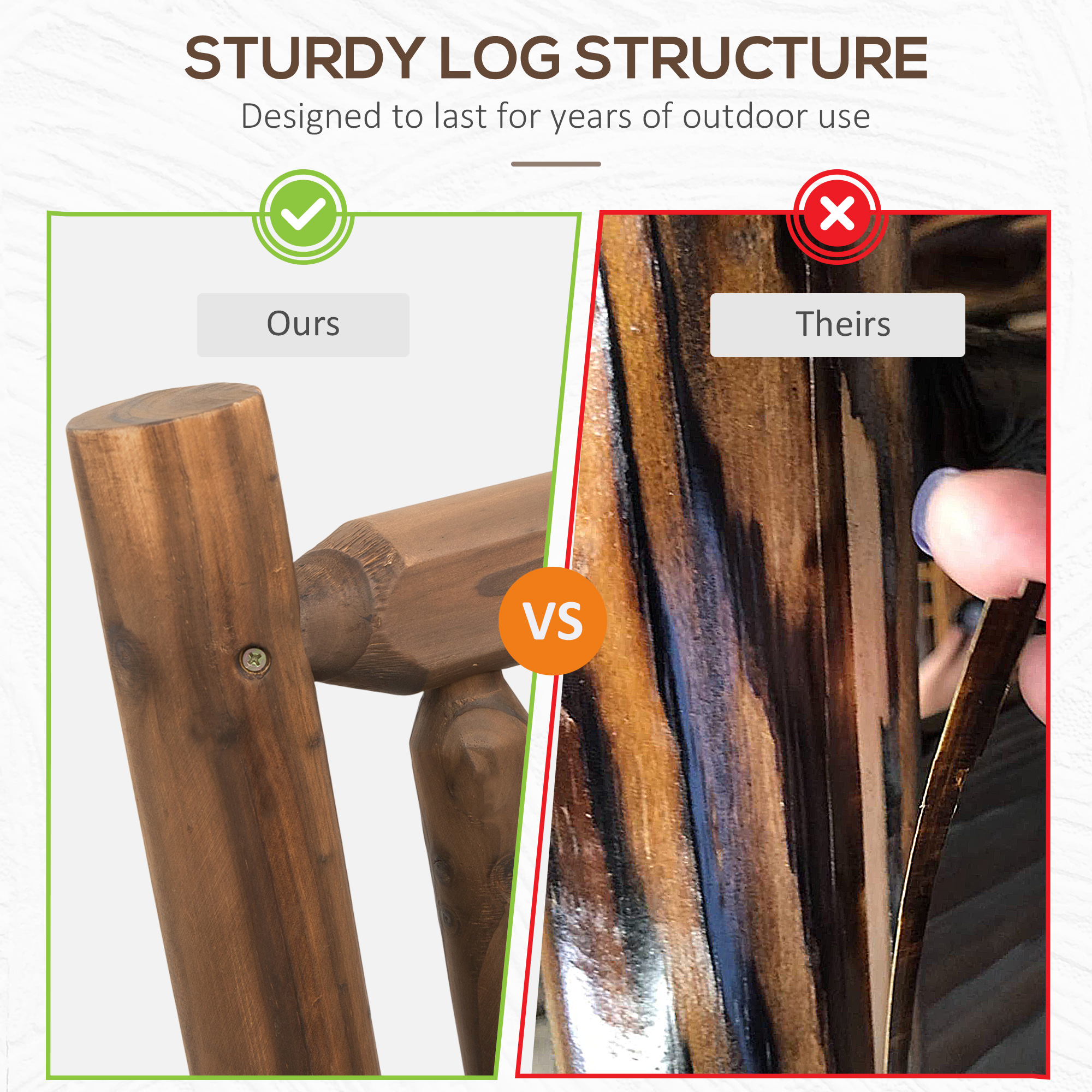 2-Person Wood Rocking Chair with Log Design, Heavy Duty Loveseat with Wide Curved Seats for Patio, Backyard, Garden, Walnut
