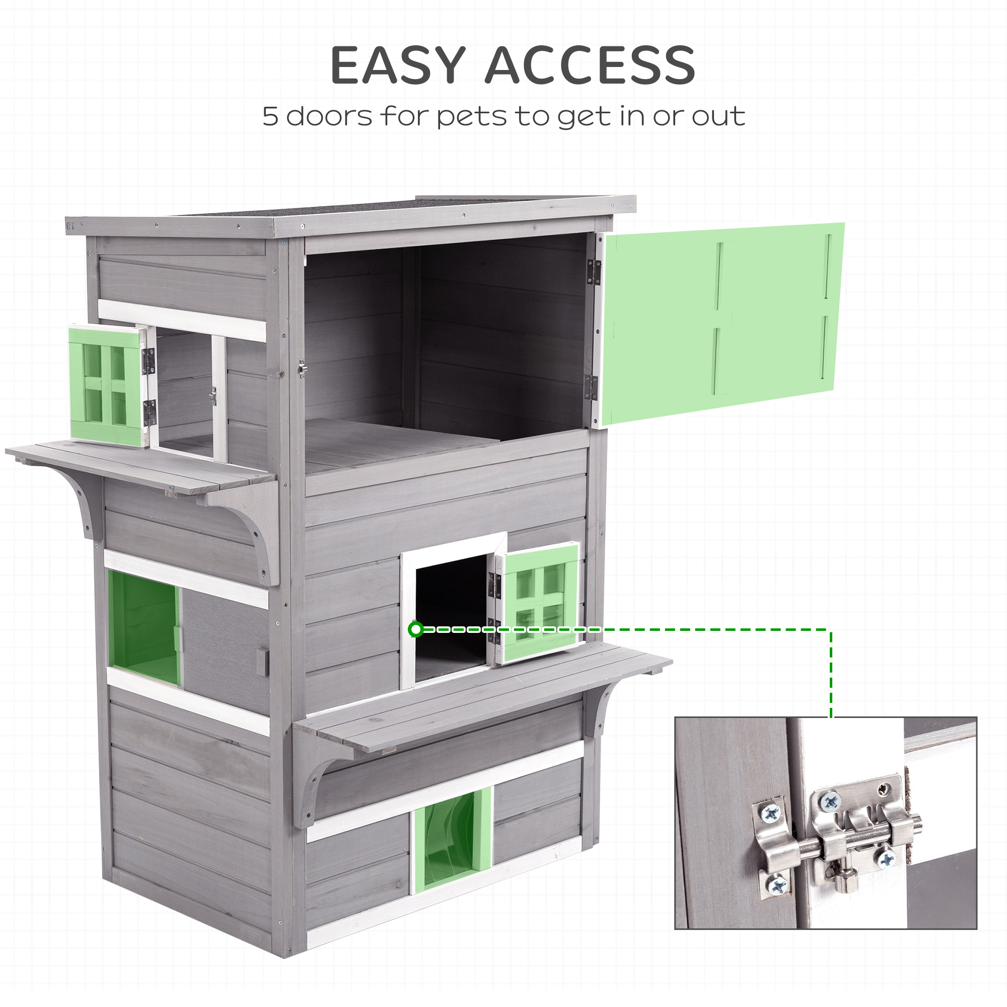  Outdoor Cat House, 3-Tier Kitty Shelter with 5 Escape Doors, Weather Resistant, Gray & White