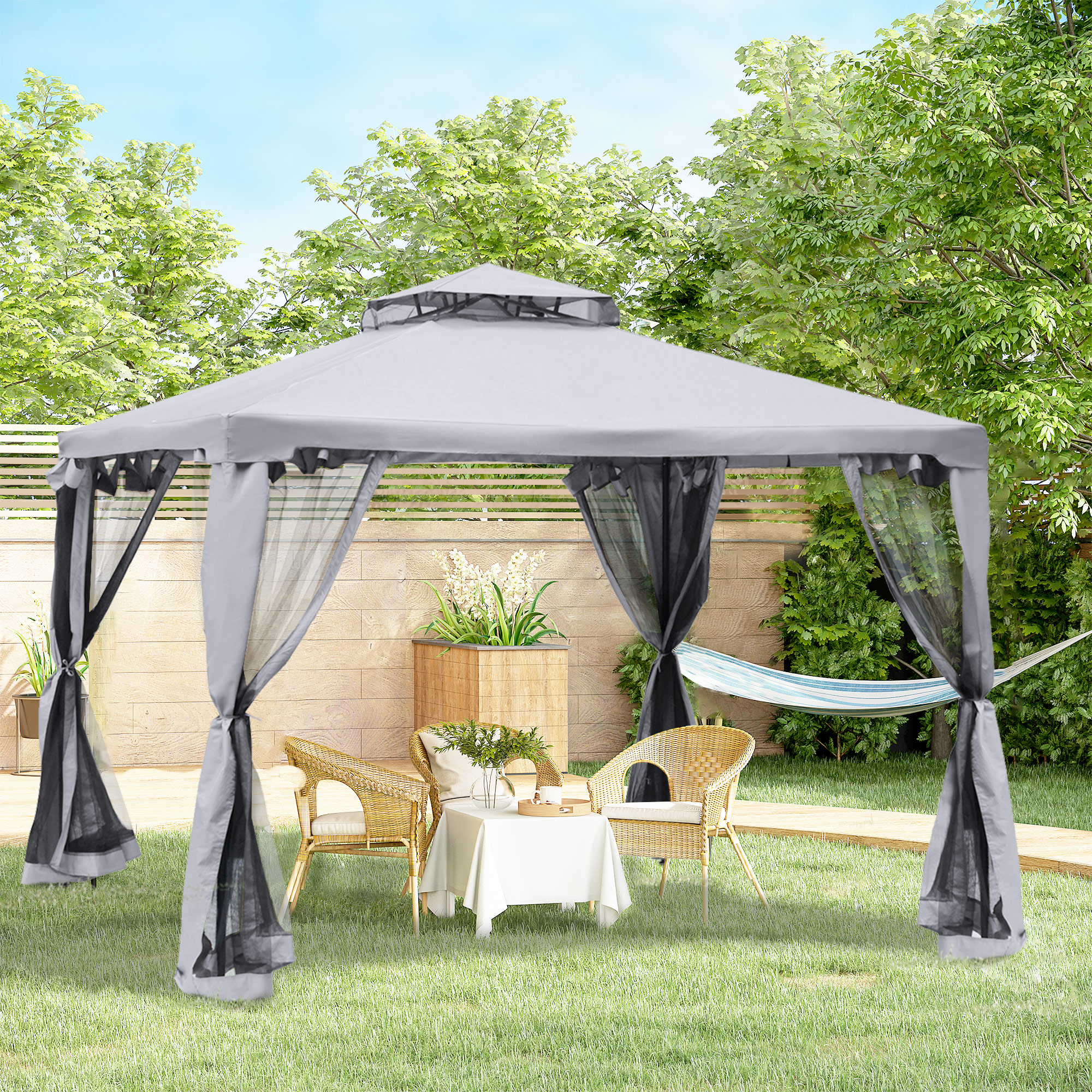 9.6 x 9.6 Patio Gazebo, Outdoor Canopy Shelter with 2-Tier Roof and Netting, Steel Frame for Garden, Lawn, Backyard, and Deck, Gray