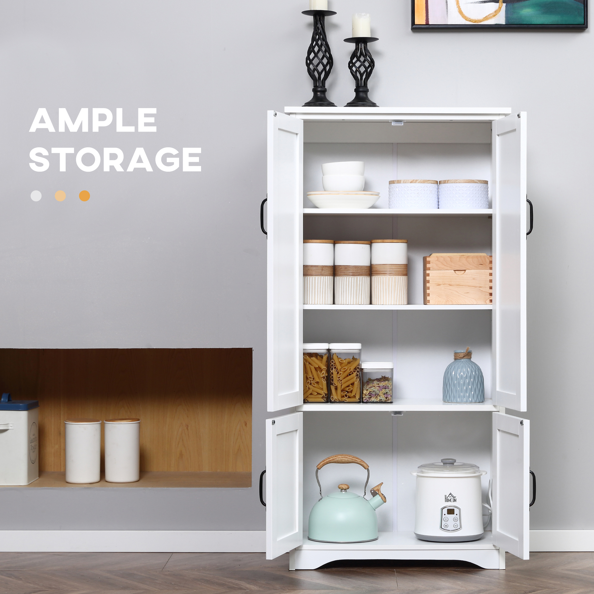 Accent Floor Storage Cabinet Kitchen Pantry with Adjustable Shelves and 2 Lower Doors, White image 3