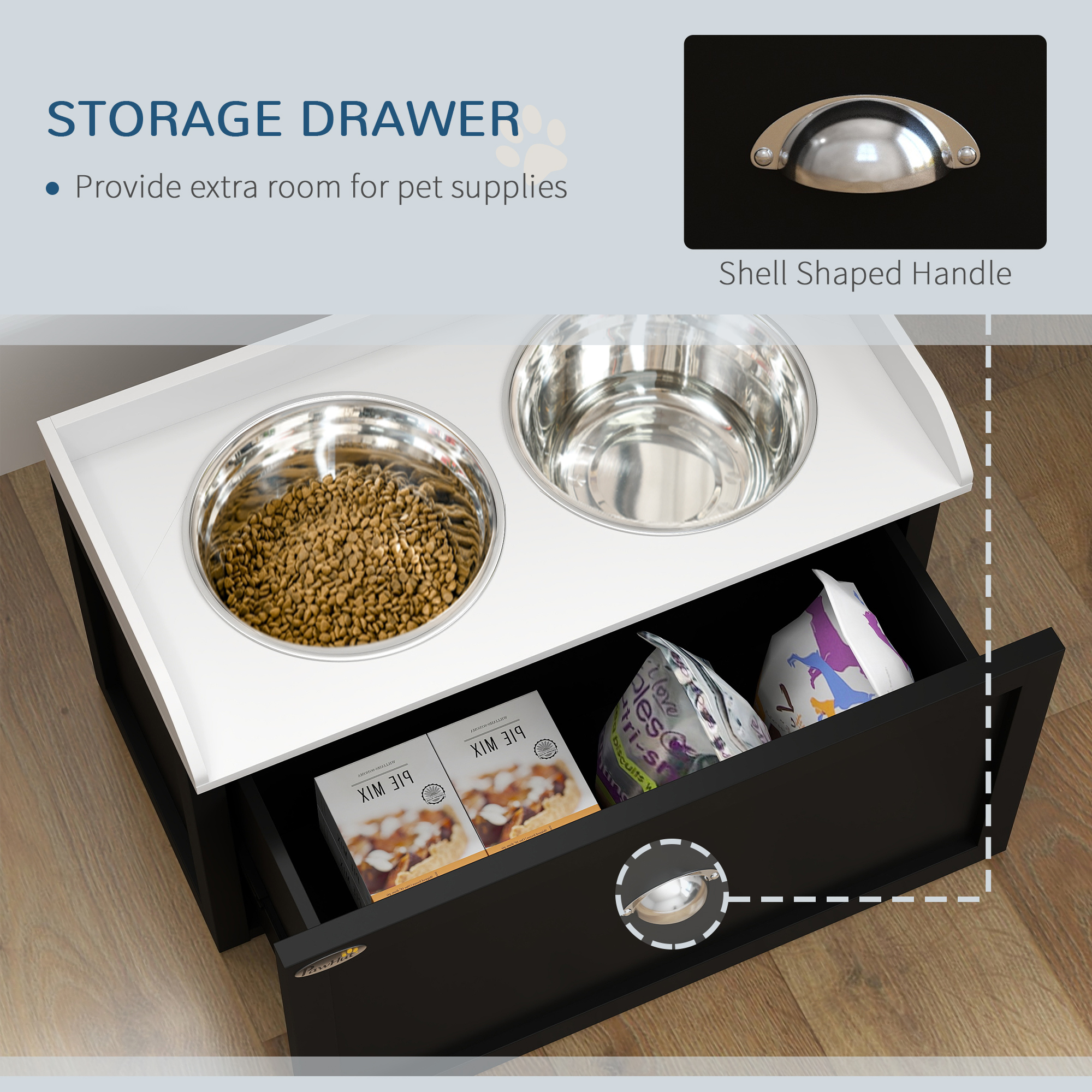  Pet Feeding Station Pet Dish Bowl Set with Storage, 2 Elevated Dog Bowls for Large Sized Dogs, White and Black