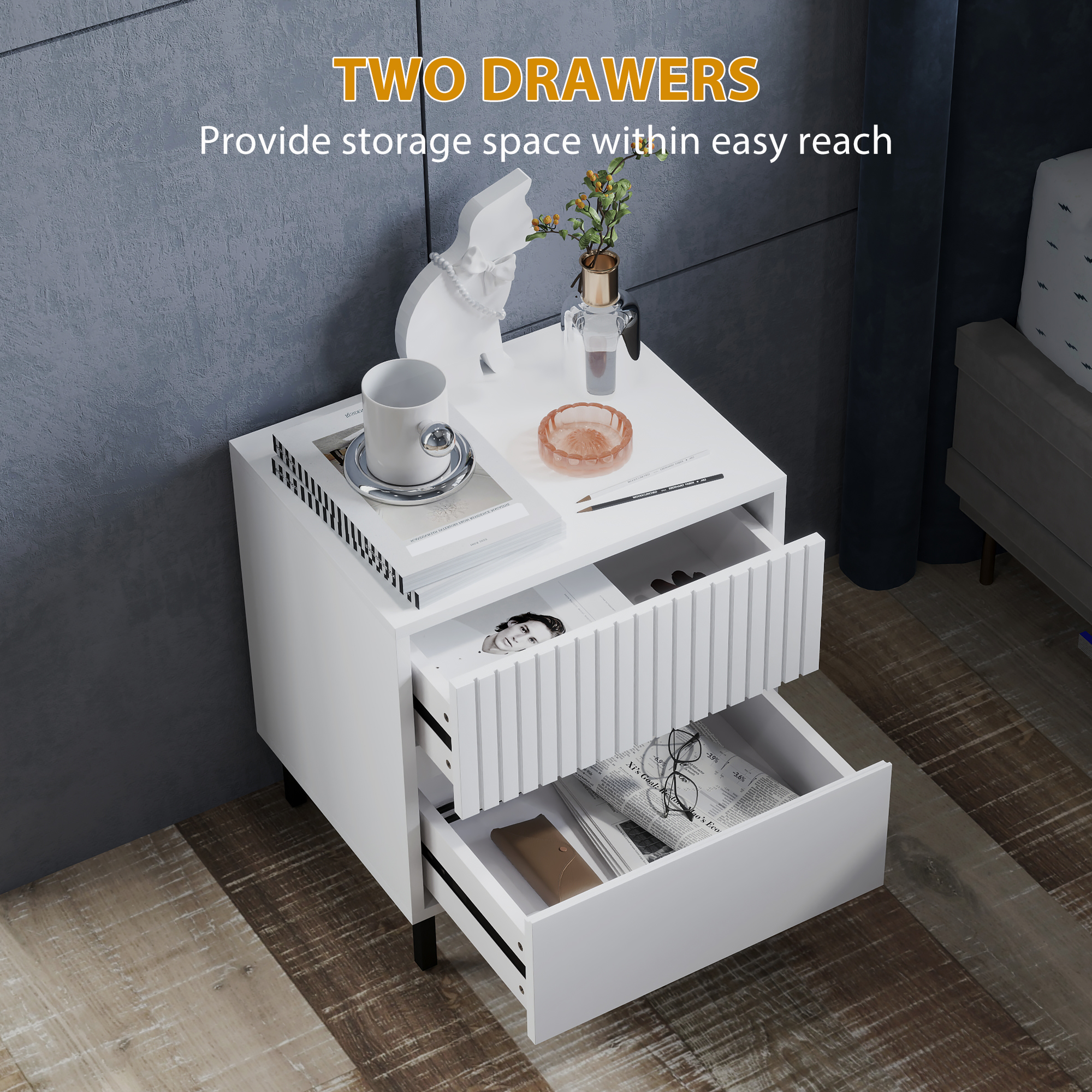 Simple Line Indented Two-Drawer Bedside Table - White — image 5