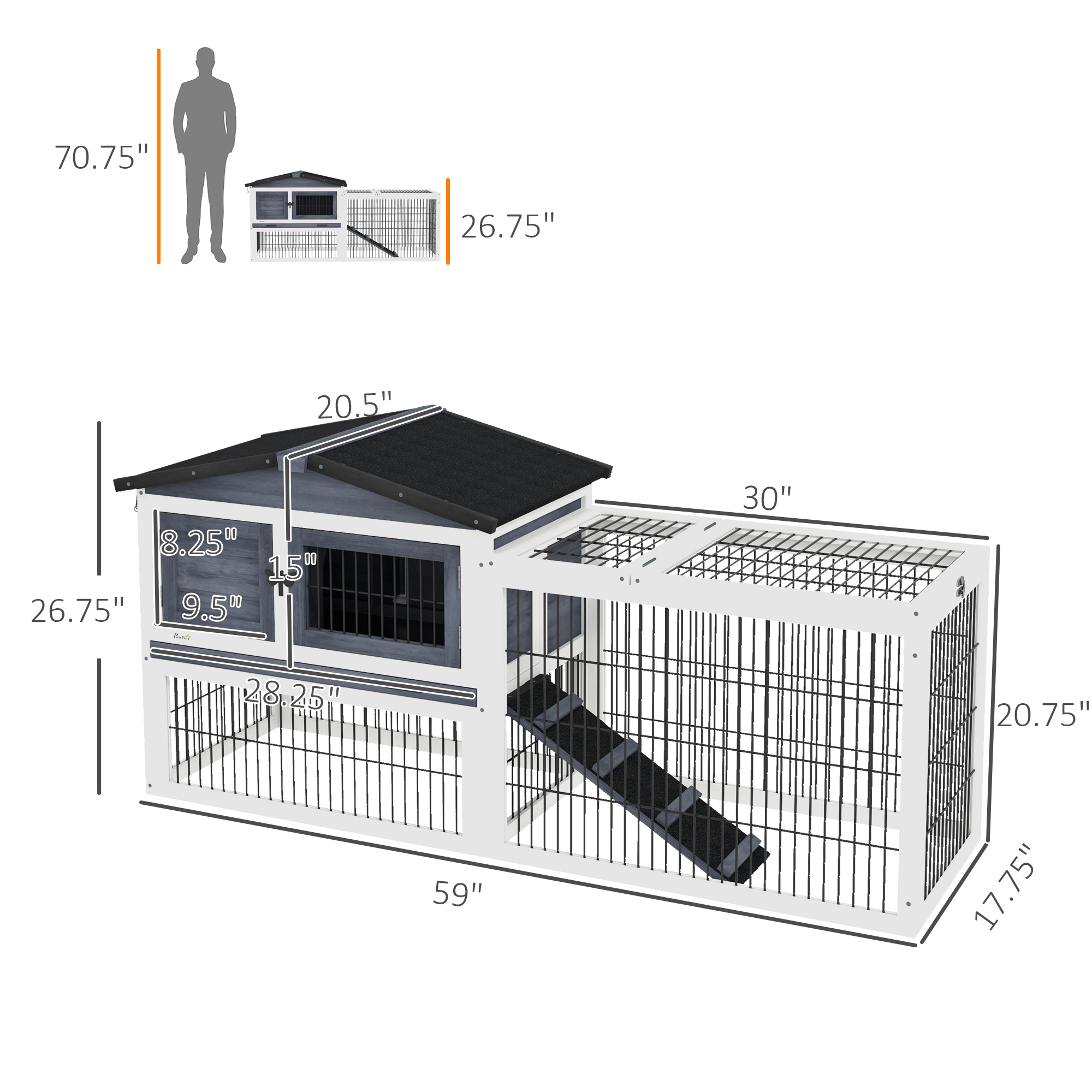  2 Level 59" Outdoor Rabbit Hutch with Openable Top, Dark Gray