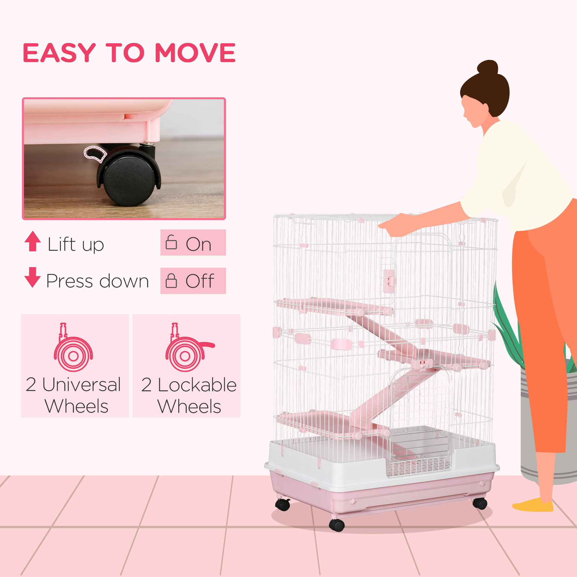  32"L 4-Level Small Animal Cage Rabbit Hutch with Wheels, Slide-out Tray for Bunny, Chinchillas, Ferret, Pink