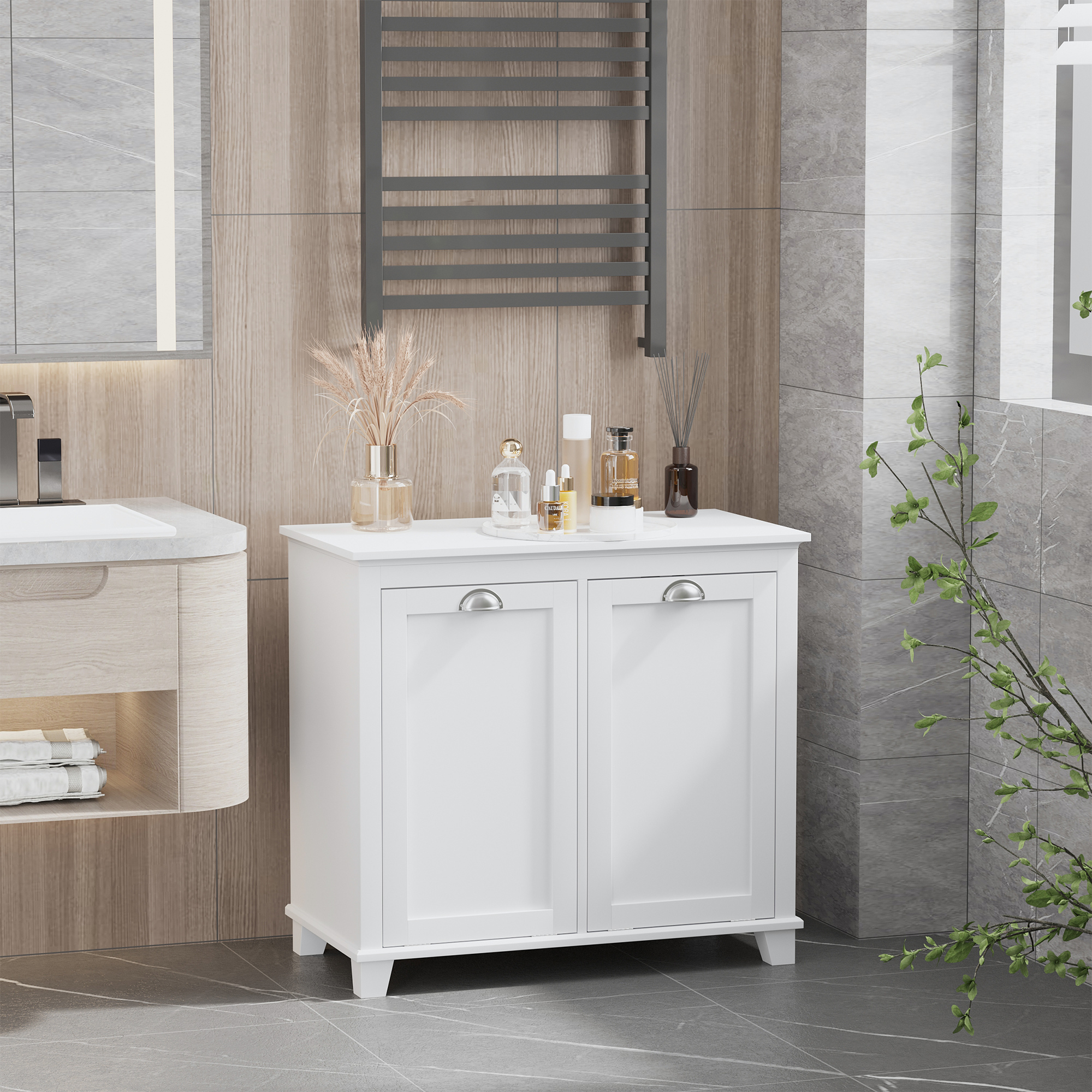  Dual Tilt out Laundry Hamper Cabinet, Bathroom Storage Cabinet with 2-Compartment Hamper, Modern Bathroom Floor Cabinet for Washroom, White