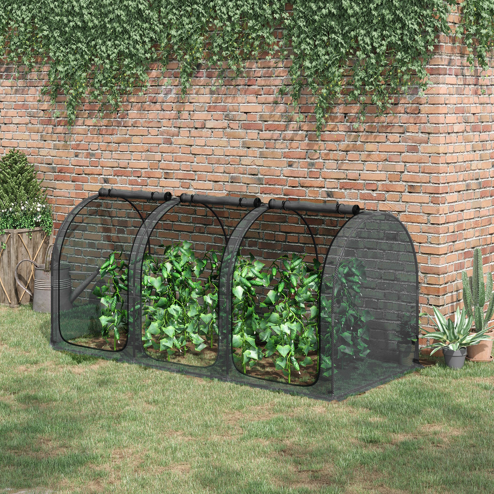 9 x 4 Crop Cage, Plant Protection Tent with Three Zippered Doors, Steel Frame, Storage Bag and 4 Ground Stakes, for Garden, Yard, Lawn, Black