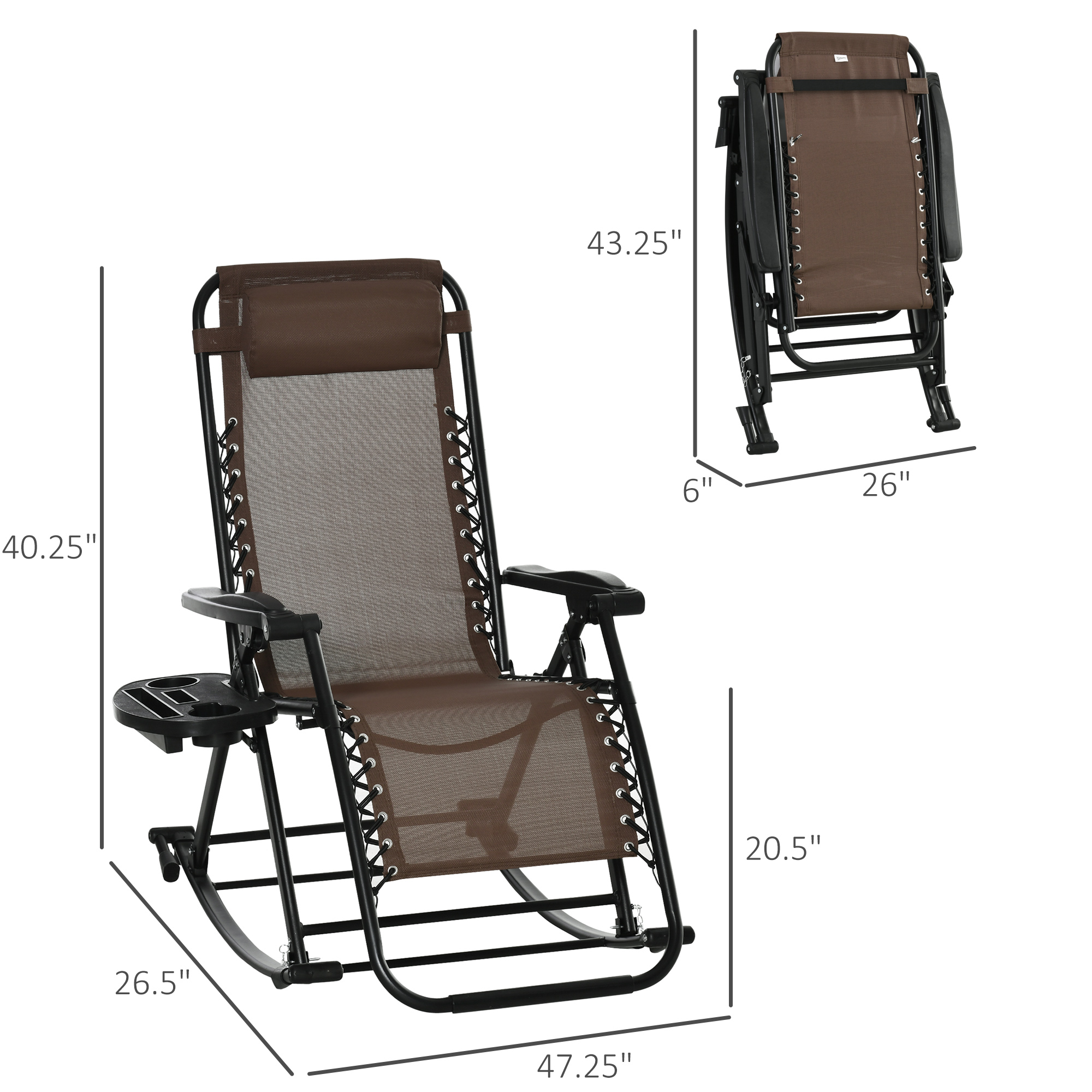  Outdoor Rocking Chairs, Foldable Reclining Zero Gravity Lounge Rocker with Pillow, Cup & Phone Holder, Combo Design with Folding Legs, Brown