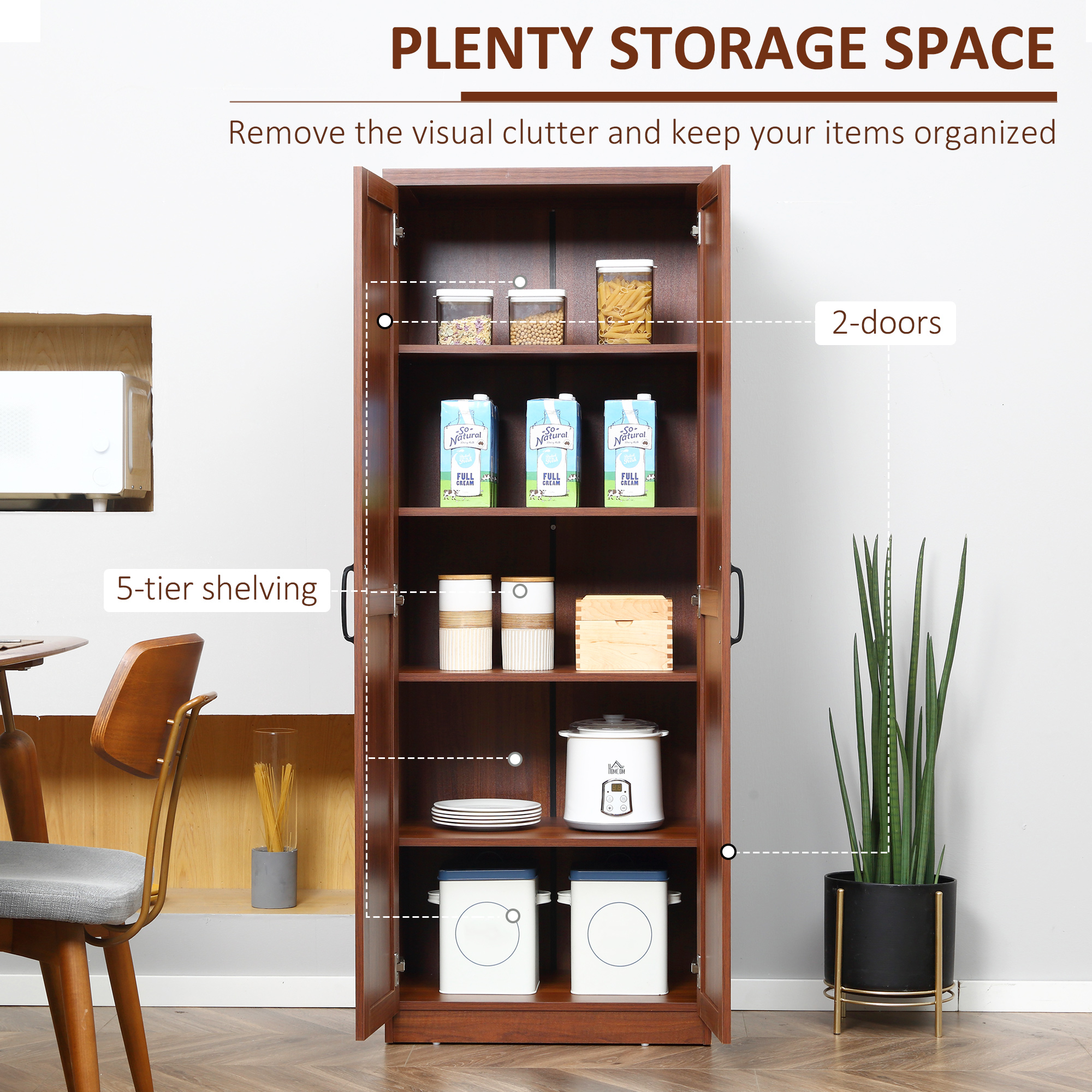 63" 2-Door Kitchen Pantry, Freestanding Storage Cabinet with 5-tier Shelving and 2 Adjustable Shelves for Dining Room, Brown image 3