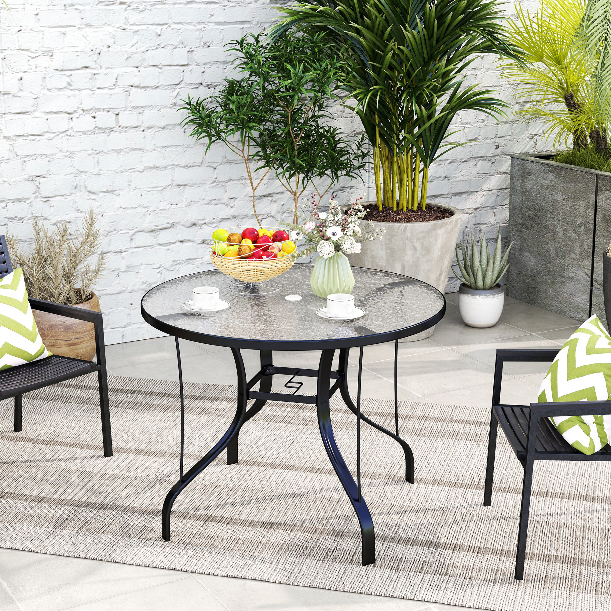 38" Round Patio Table with Umbrella Hole, Tempered Glass Outdoor Dining Table, Black