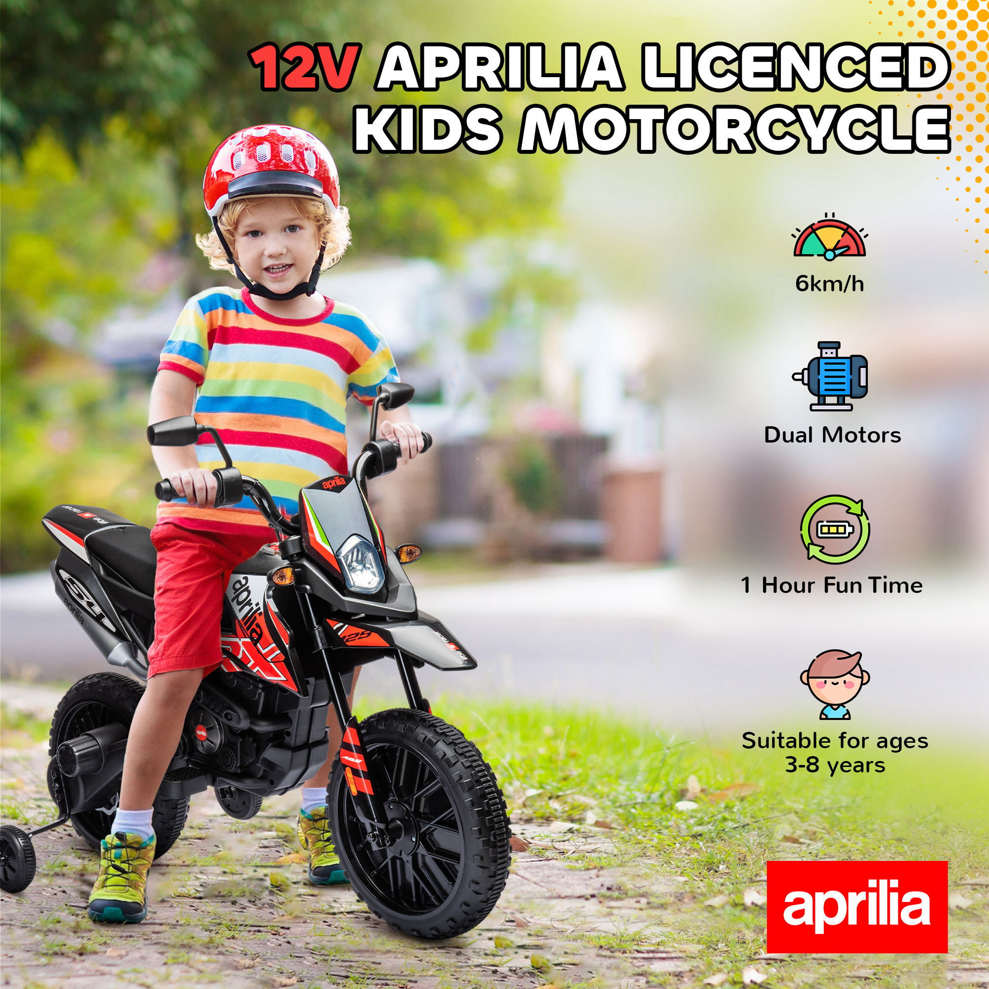 12V Aprilia Licensed Kids Motorbike With Training Wheels, Spring Suspension — image 5