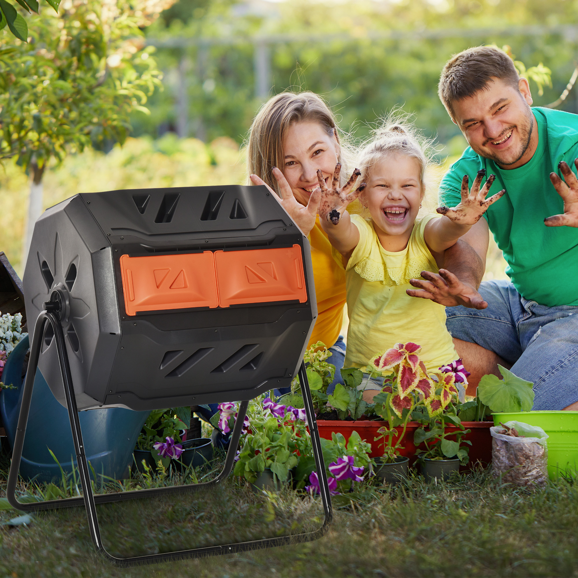 Tumbling Compost Bin Outdoor 360° Dual Chamber Rotating Composter 43 Gallon, Orange