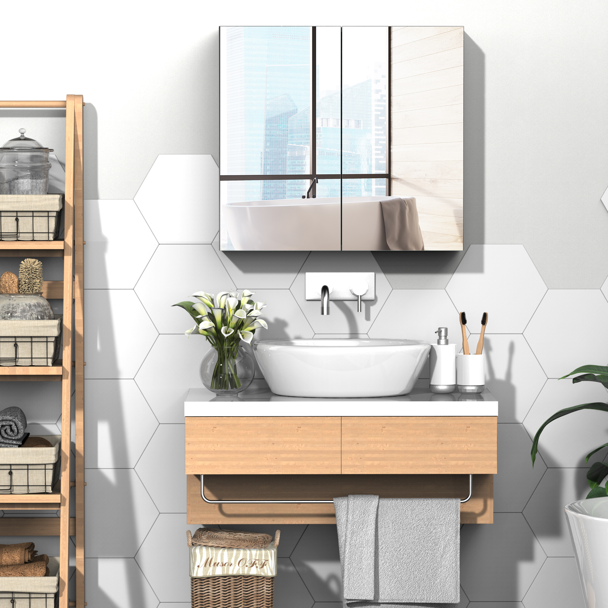  Bathroom Mirrored Cabinet, 24"x22" Steel Frame Medicine Cabinet, Wall-Mounted Storage Organizer with Double Doors, White