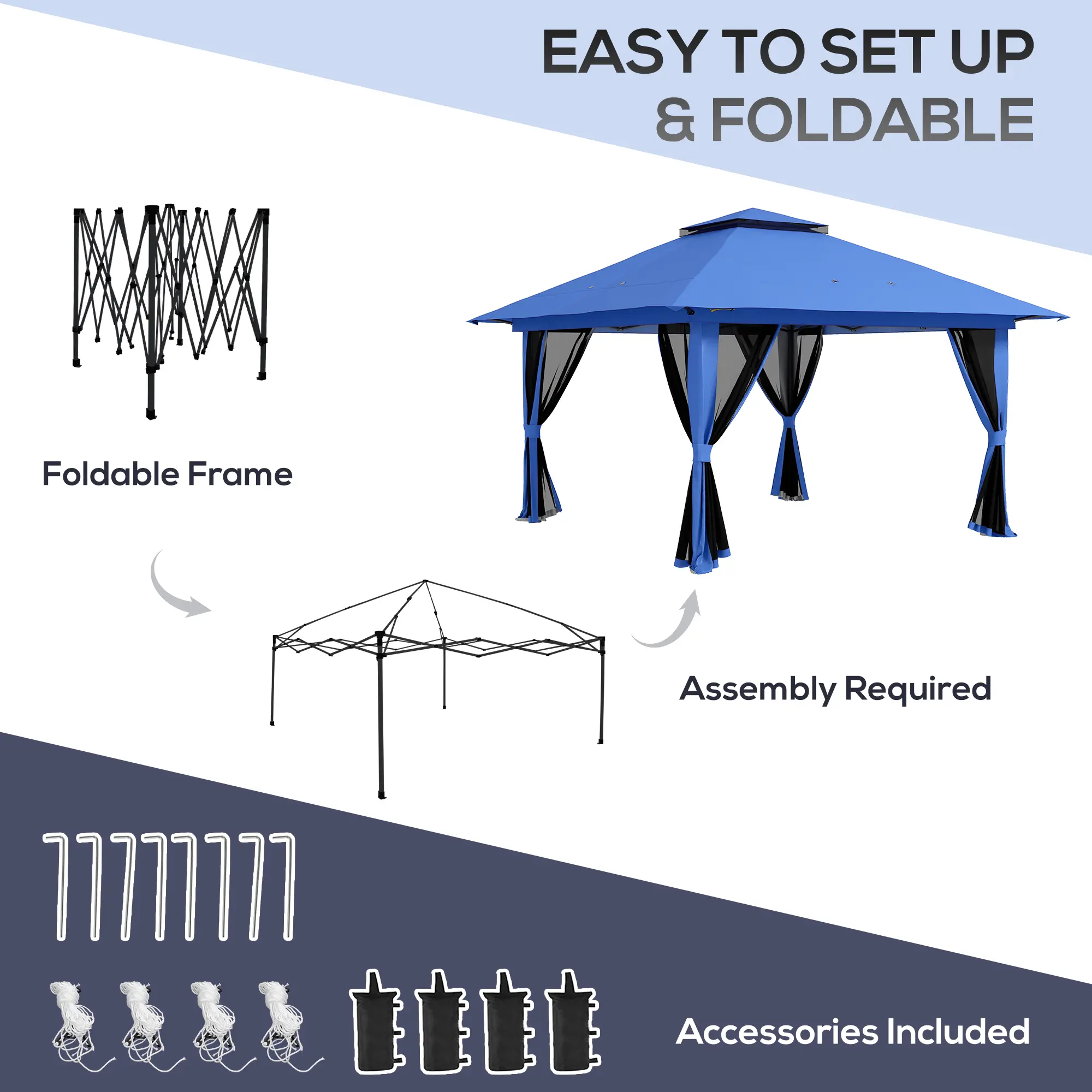 13 x 13 Pop Up Gazebo Instant Canopy Tent Shelter with 2-Tier Roof, Carry Bag, Wight Bags for Outdoor, Garden, Blue