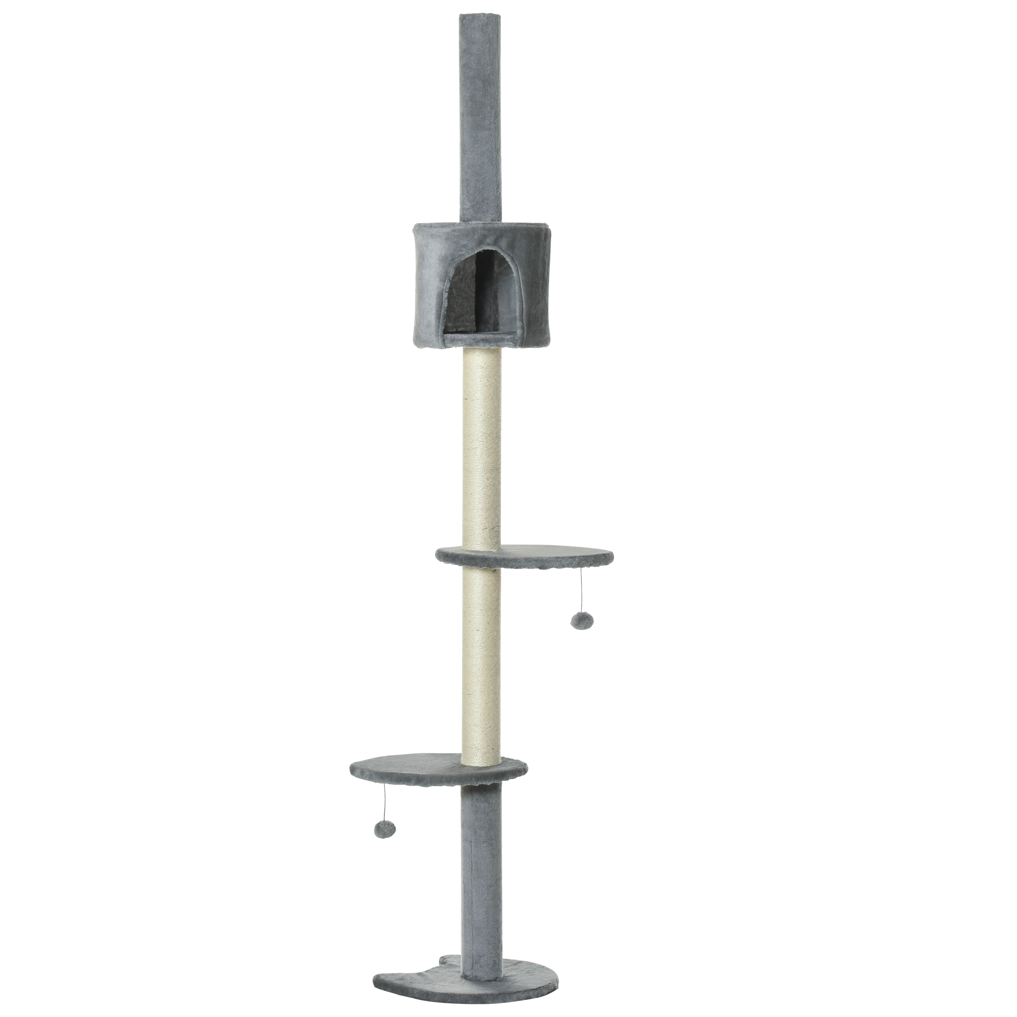  85.5" Cat Tree Height Adjustable Floor-to-Ceiling 4-Tier Kitty Climbing Activity Center Condo Cat Toy with Scratching Post Hanging Balls Play Rest Post Pet Furniture Grey
