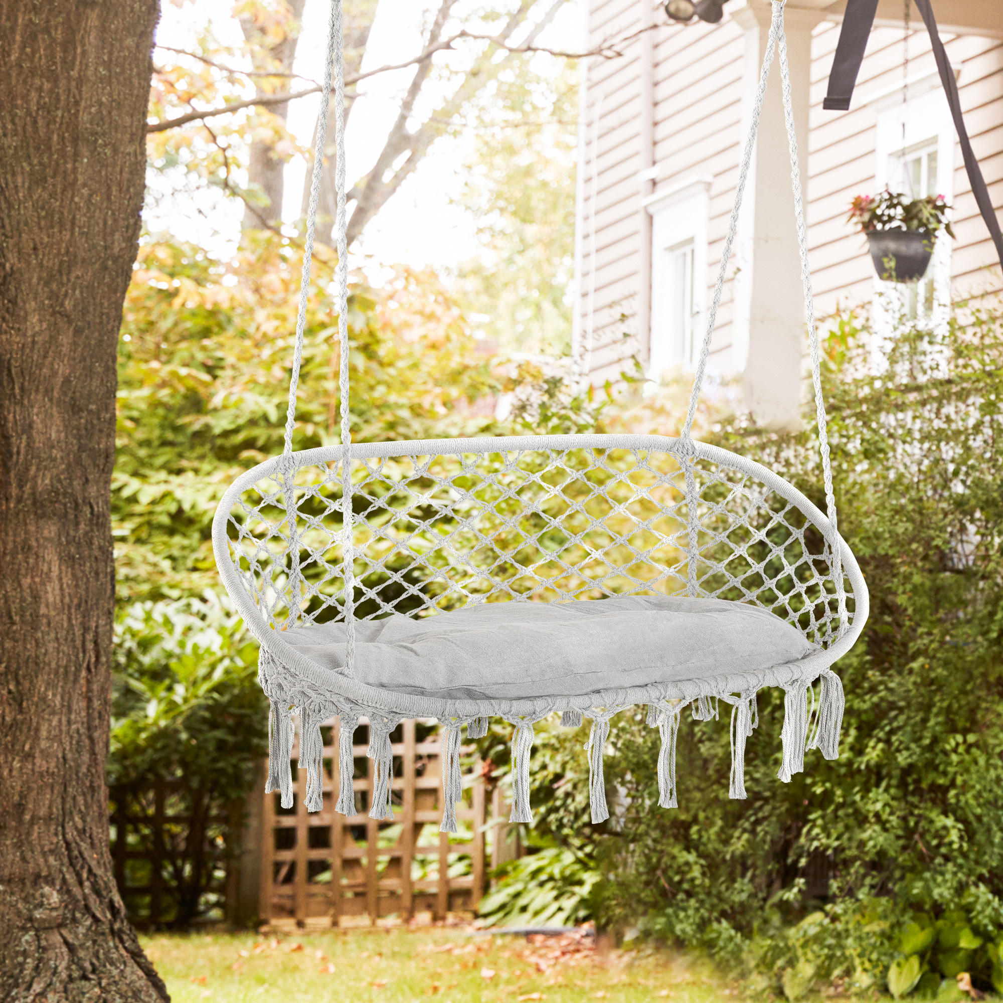 2-Person Hammock Chair Macrame Swing with Soft Cushion, Hanging Cotton Rope Chair for Indoor Outdoor Home Patio Backyard, Light Gray