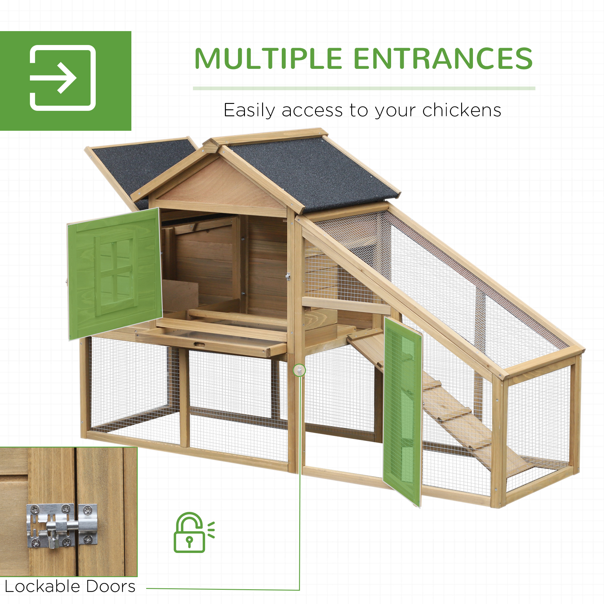  69" Wooden Chicken Coop, Poultry Cage Hen House with Connecting Ramp, Removable Tray, Ventilated Window and Nesting Box, Natural