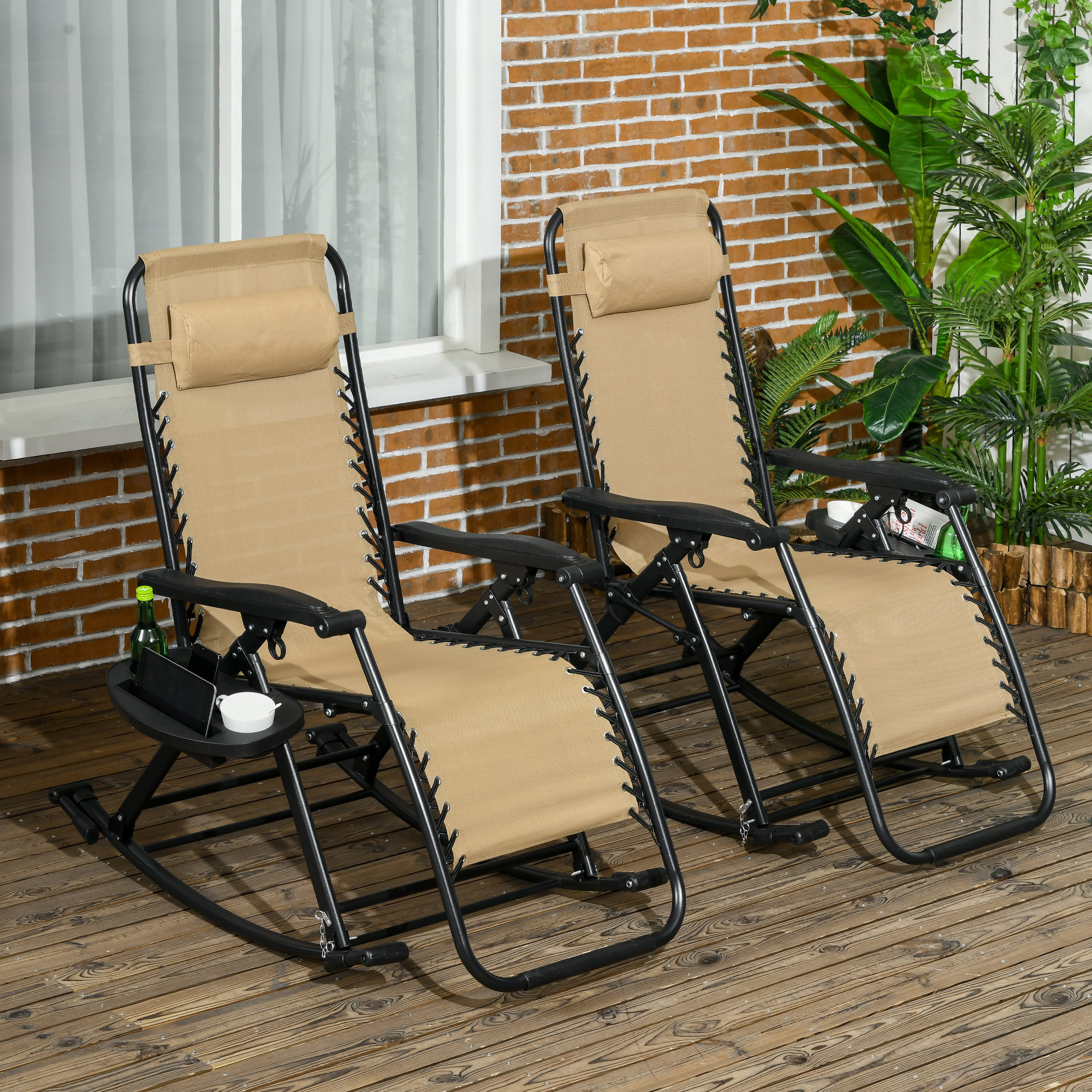  2 Outdoor Rocking Chairs Foldable Reclining Zero Gravity Lounge Rockers w/ Pillow Cup & Phone Holder, Beige