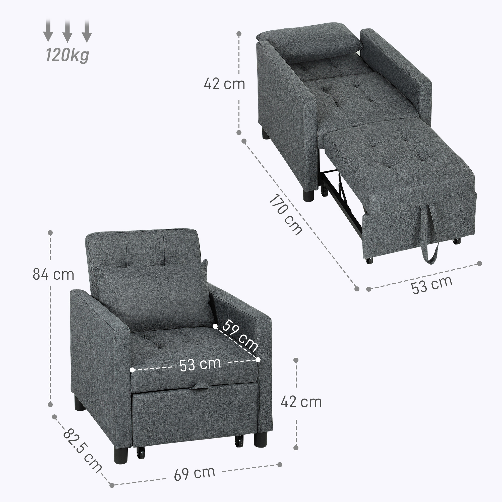 3-In-1 Chair Bed, Convertible Sleeper With Adjustable Backrest, Pillow — image 5