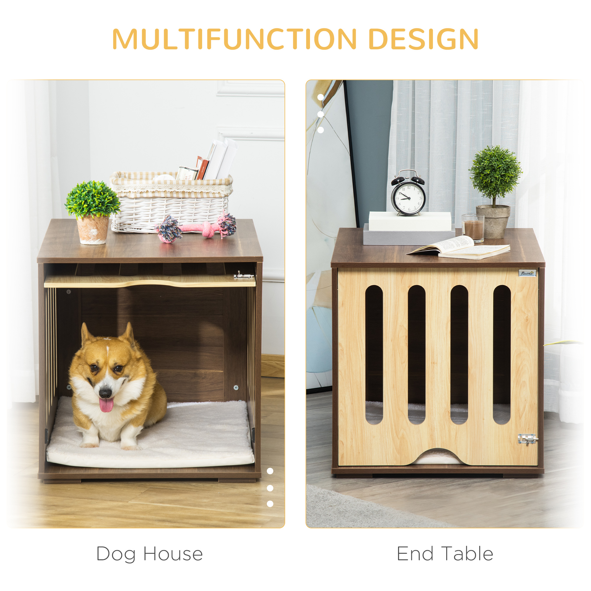  Furniture Style Dog Crate End Table with Removable Door Panel, Dog Crate Bed with Foam Cushion, Safety Lock, Indoor Use, for Small & Medium Dogs, Brown