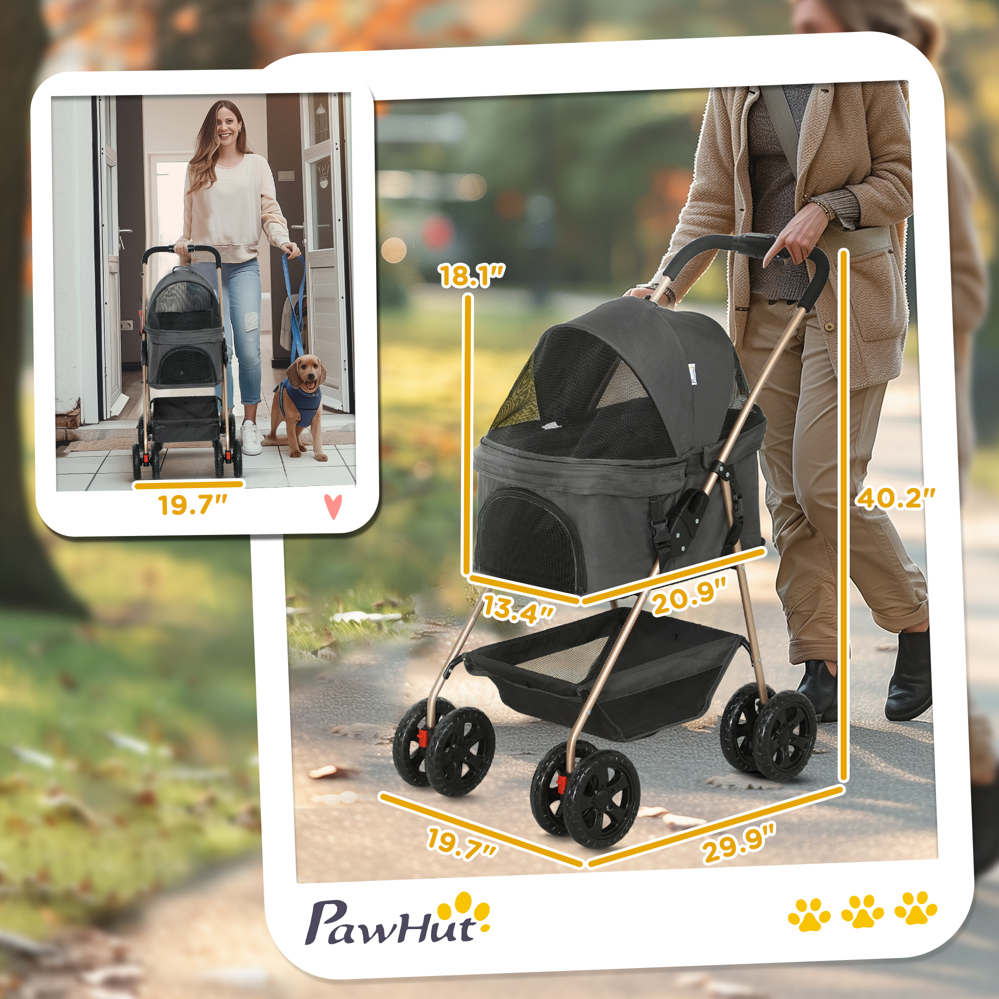  3 in 1 Pet Stroller with Detachable Carrier, Foldable Dog Stroller with Storage Basket, Cupholder, for Mini Dogs, Gray