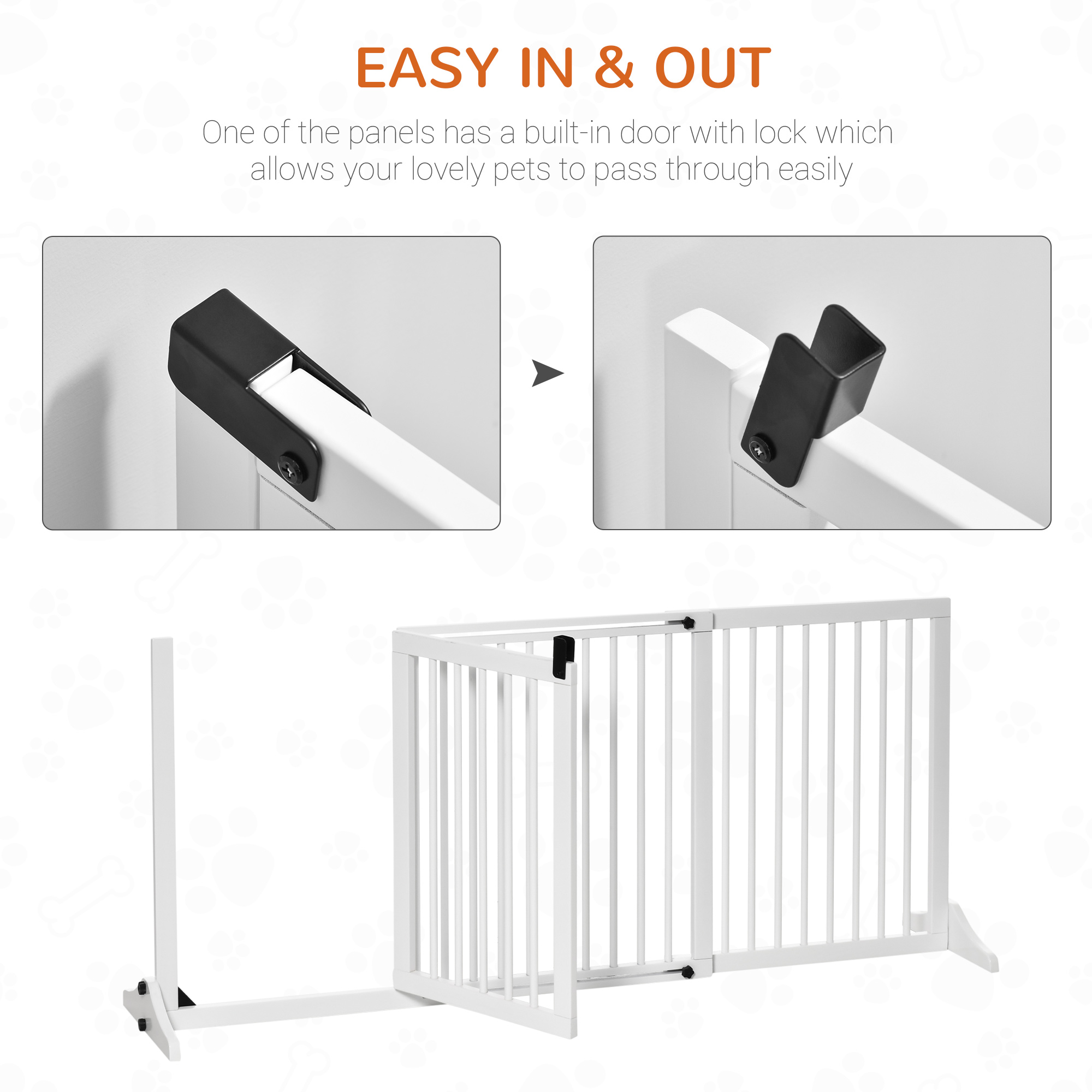  Freestanding Length Adjustable Wooden Pet Gate with Lockable Door 3 Panels, White