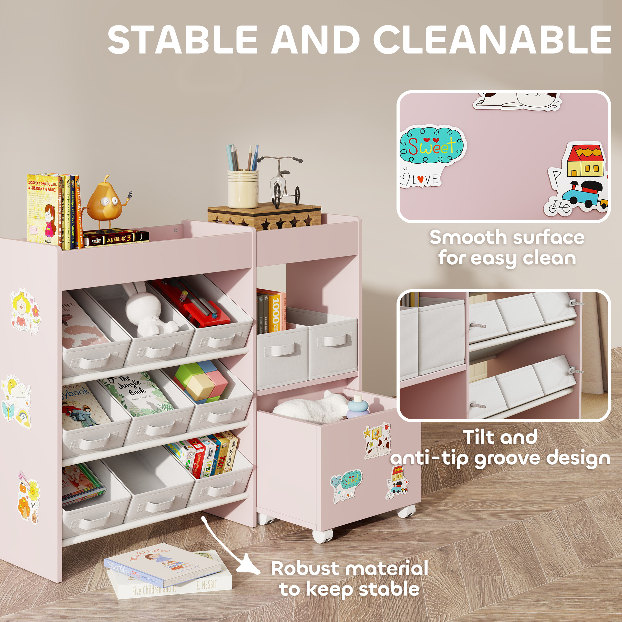 Kids Toy Storage Unit With 11 Bins, Cabinet, Top Shelves, 3 Stickers — image 3