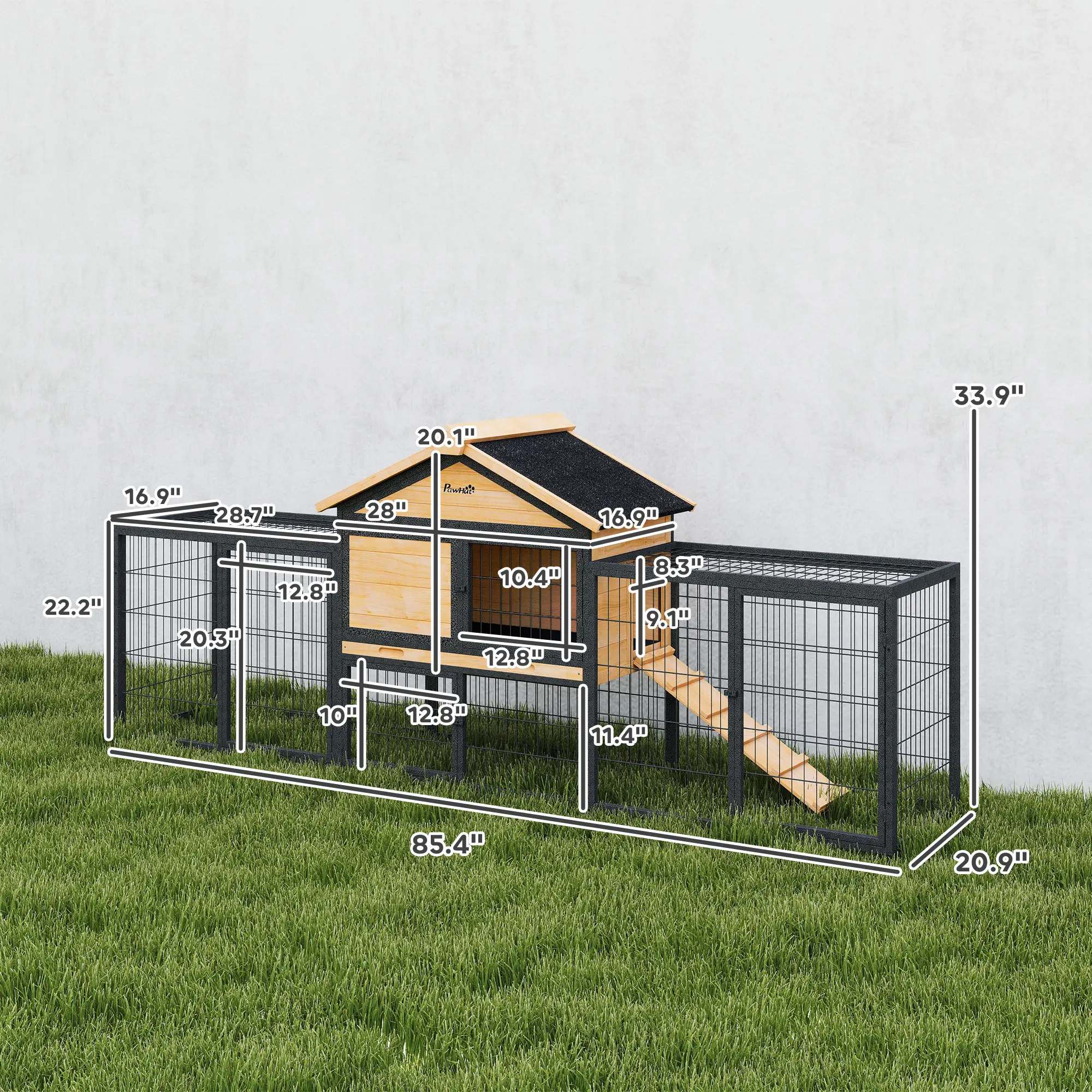 Wooden Rabbit Hutch Outdoor, 85" Large Bunny Cage with Steel Run, Removable Plastic Tray, Asphalt Roof, Ramp
