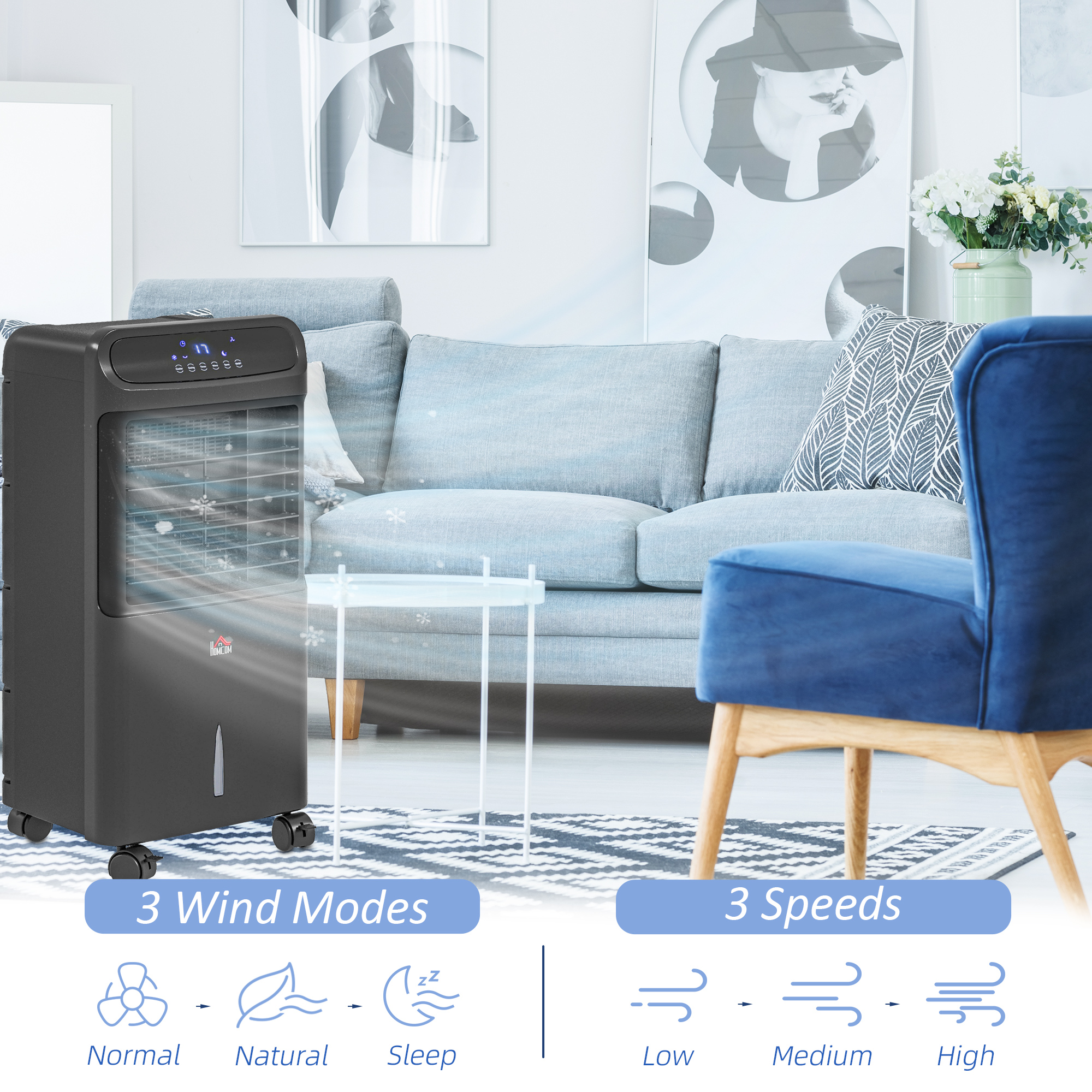  3-In-1 Ice Cooling Fan, Mobile Evaporative Air Cooler with Remote, Timer, Oscillating for Home Office, Bedroom, Black