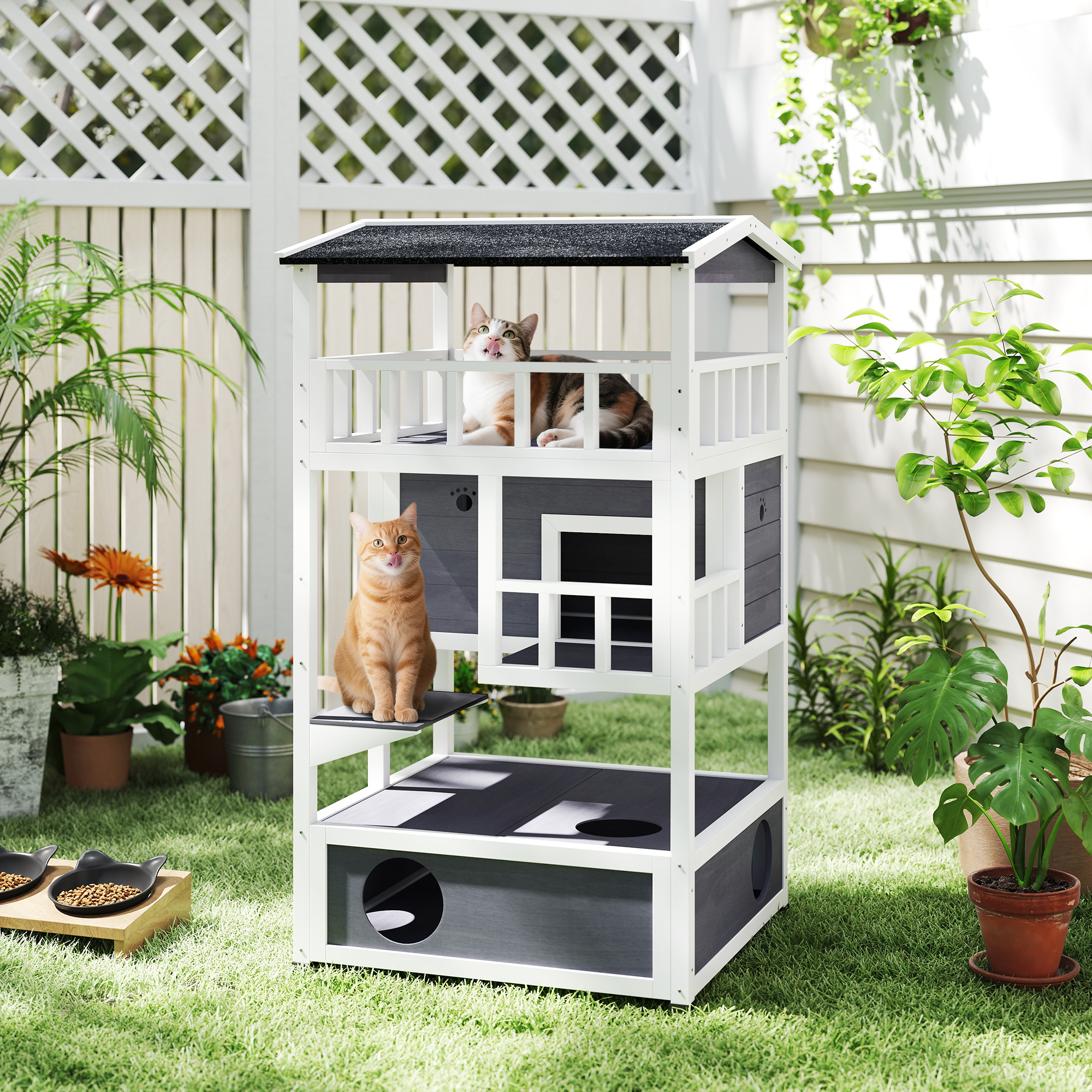  Wooden Outdoor Cat House, Feral Cat Shelter Kitten Condo with Asphalt Roof, Escape Doors, Condo, Jumping Platform, Gray