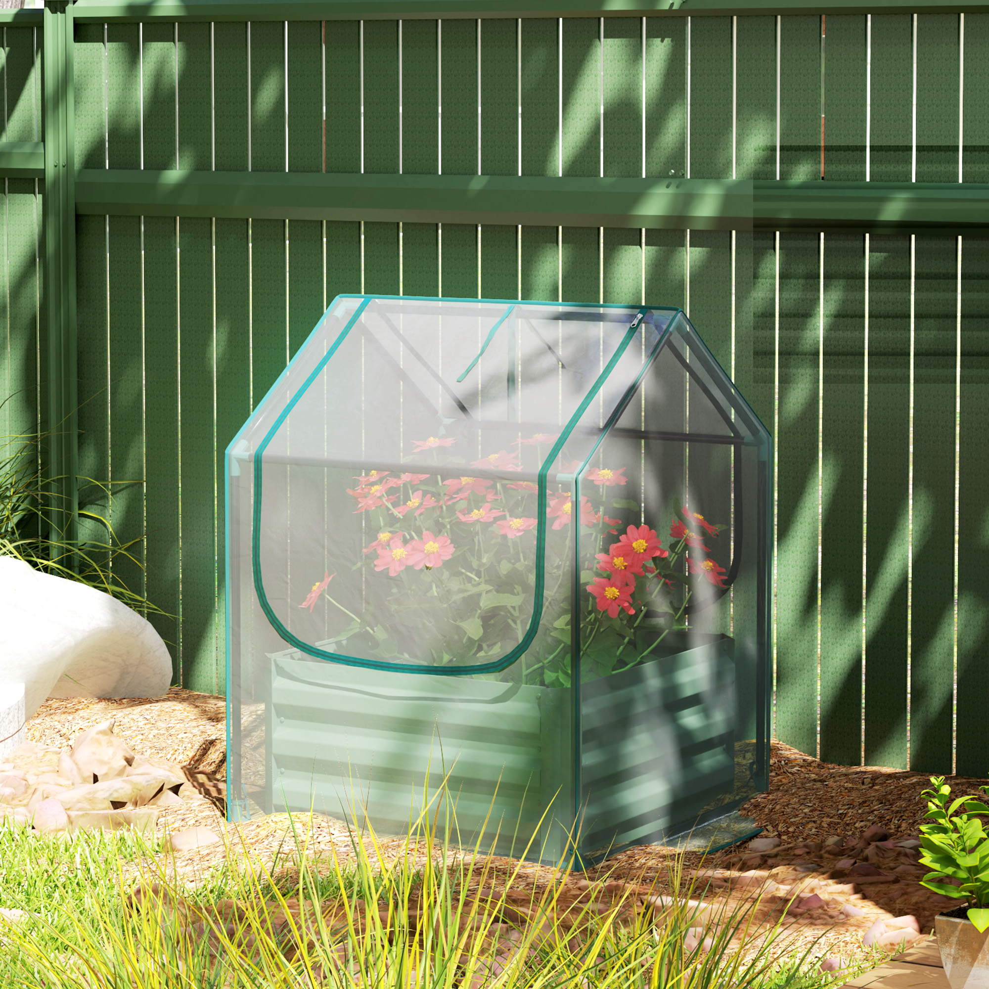 Two zippered roll-up windows on greenhouse cover for ventilation and access
