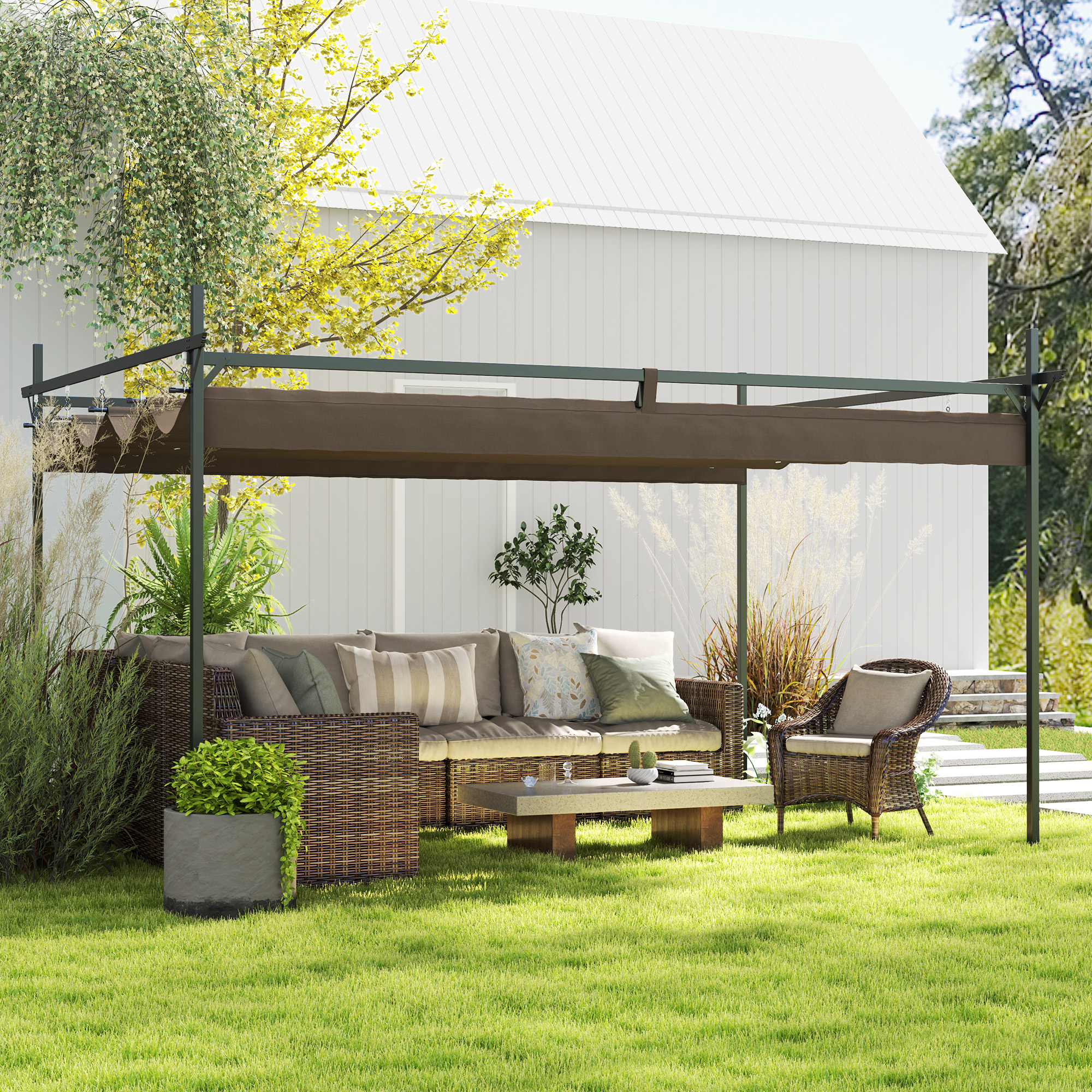 10′ x 13′ Metal Retractable Pergola Canopy, Outdoor Pergola for Garden, Patio, Backyard, Deck, Brown