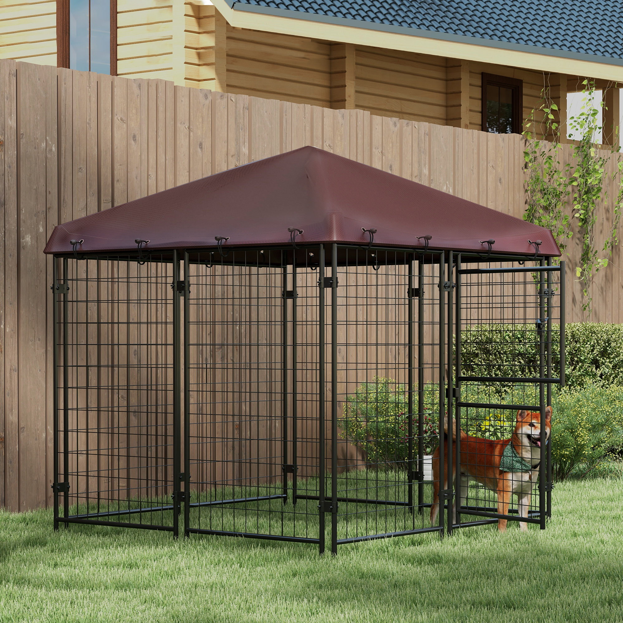  4.6' x 4.6' x 5' Dog Kennel Outdoor with Waterproof Canopy, Large Door