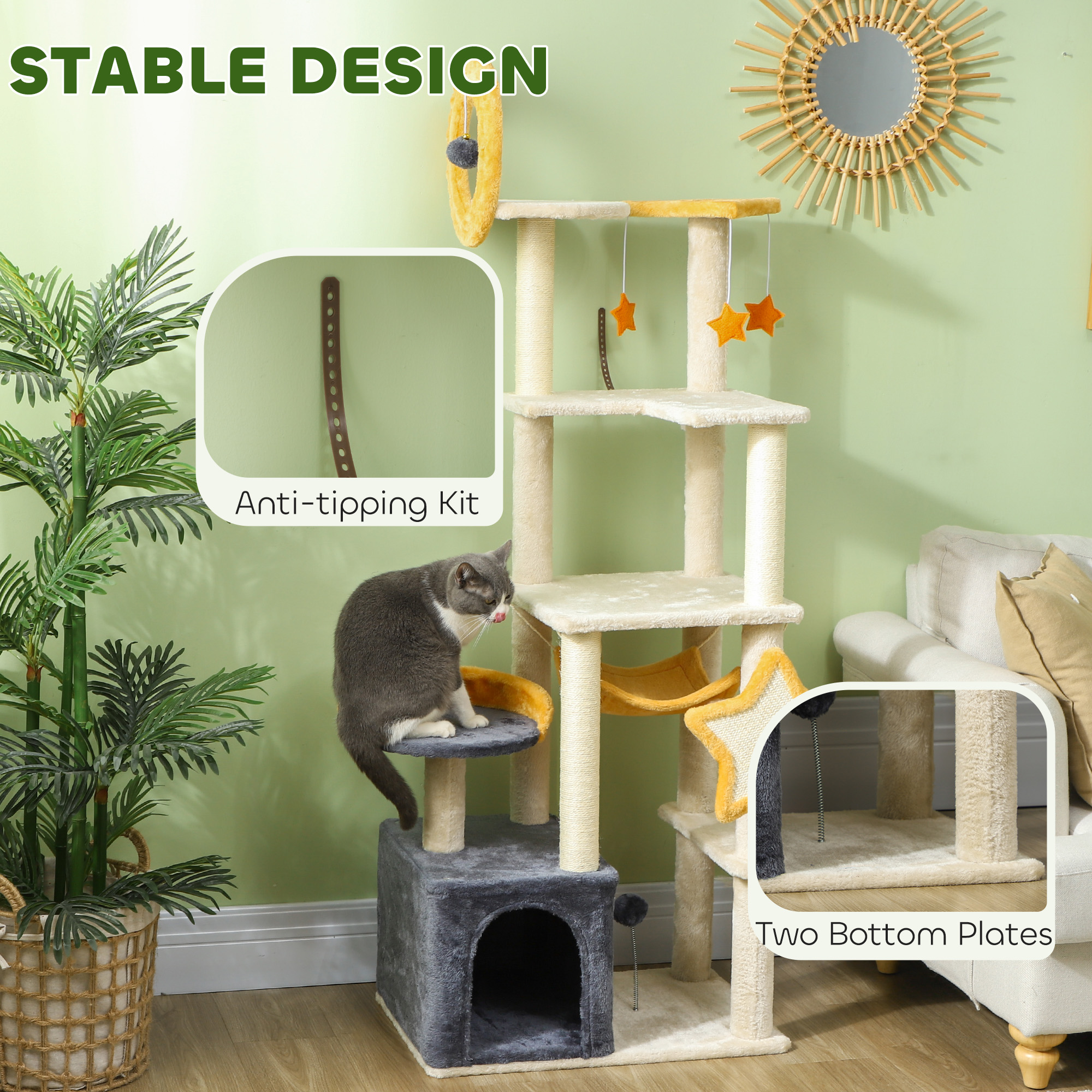  63 Inch Moon and Star Themed Cat Tree with Scratching Post, Hammock, Condo, Bed, Scratching Board & Cat Toys, Beige