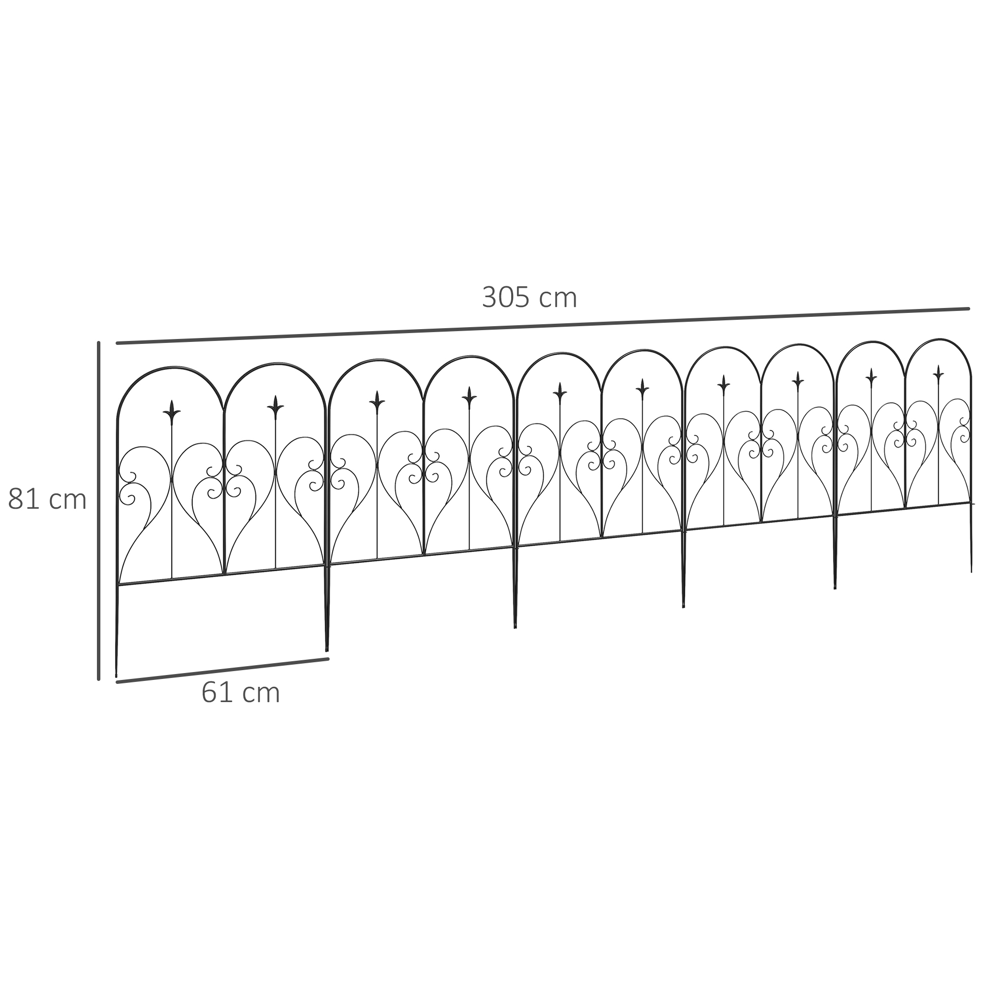 Set Of Five Decorative Heart Metal Fence Panels - Black