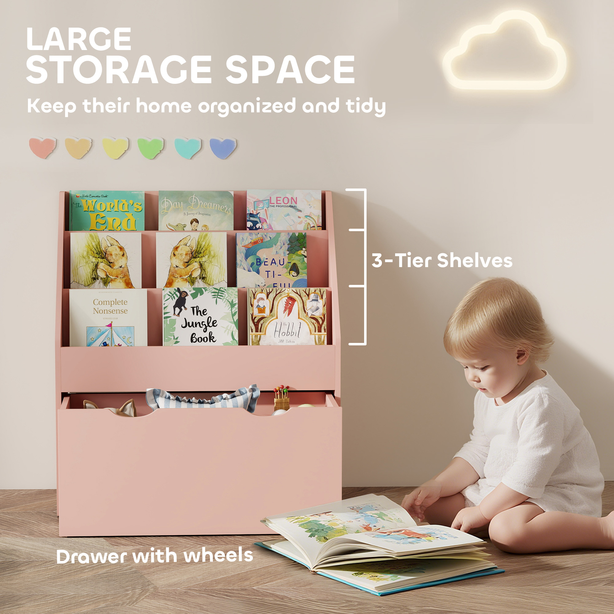 Bookcase For Kids With Shelves, Drawer, Bedroom, PlayroomPink