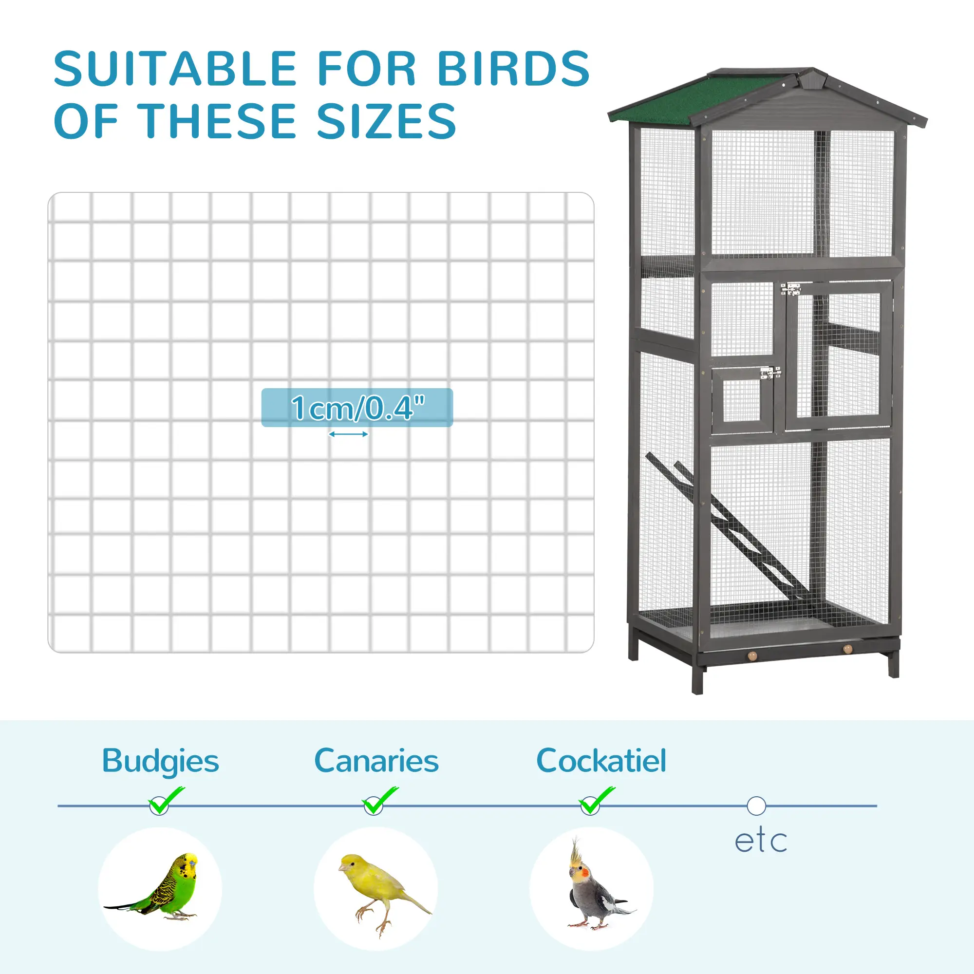 65" Wooden Bird Cage Outdoor Aviary House for Parrot, Parakeet, with Pull Out Tray and 2 Doors, Grey